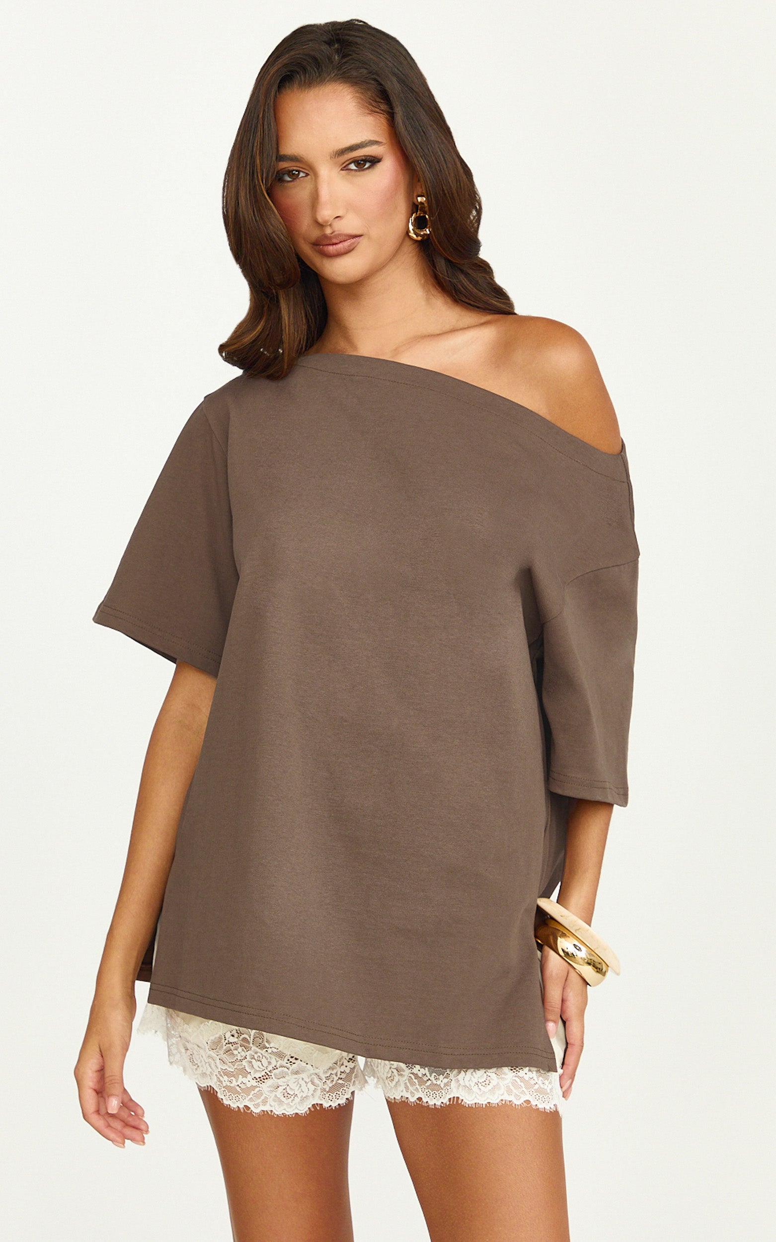 Ruby Top - Off Shoulder Asymmetrical T-shirt in Chocolate