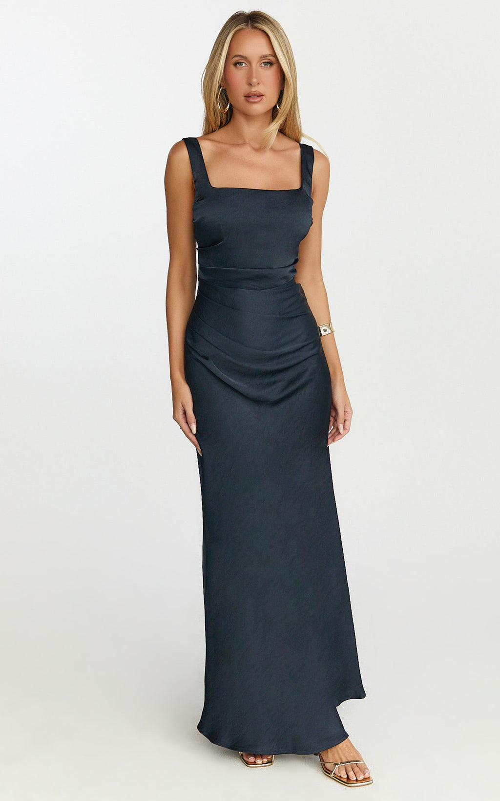 Rumi Maxi Dress - Ruched Bodice Satin Dress in Navy