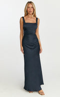 Rumi Maxi Dress - Ruched Bodice Satin Dress in Navy