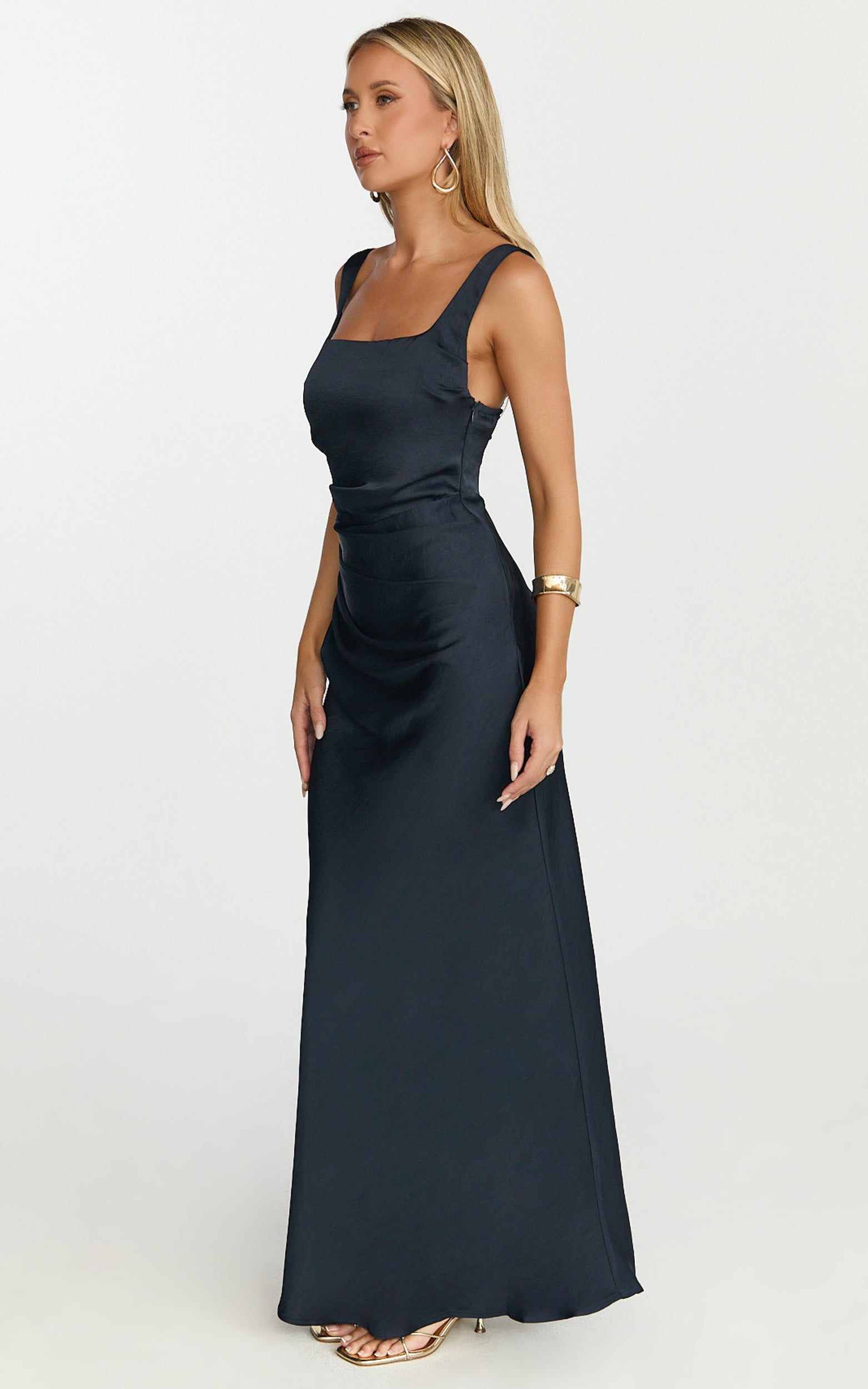 Rumi Maxi Dress - Ruched Bodice Satin Dress in Navy