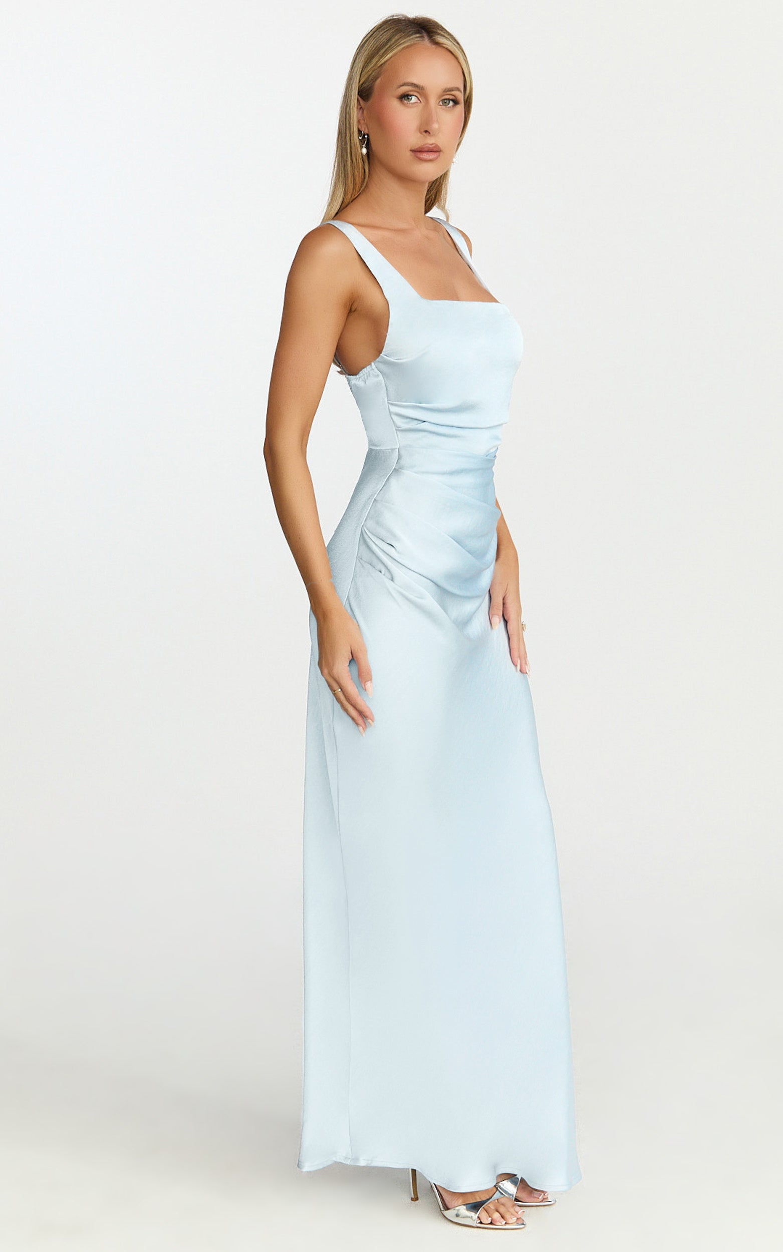 Rumi Maxi Dress - Ruched Bodice Satin Dress in Pale Blue