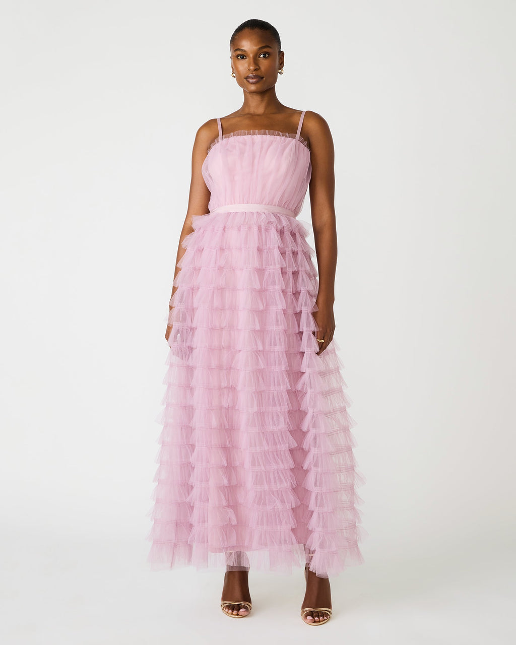 Tiered Dawn Pink Tulle Maxi Women's Prom Dress | Steve Madden