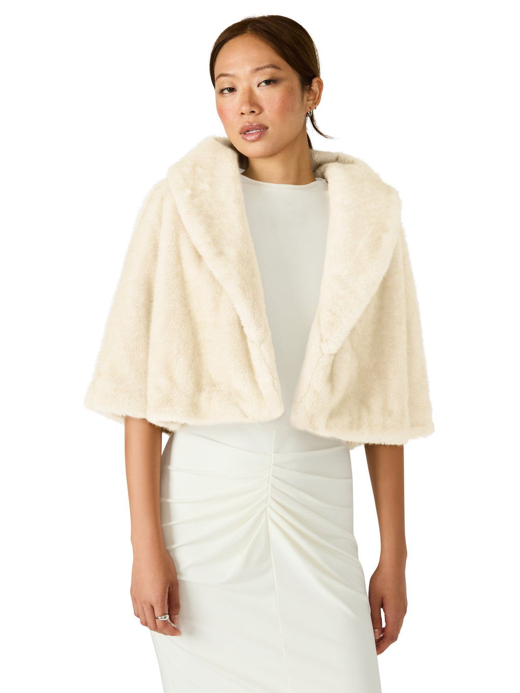 HESTIA Cream Faux Fur Cropped Collared Neckline Women's Coat | Steve Madden