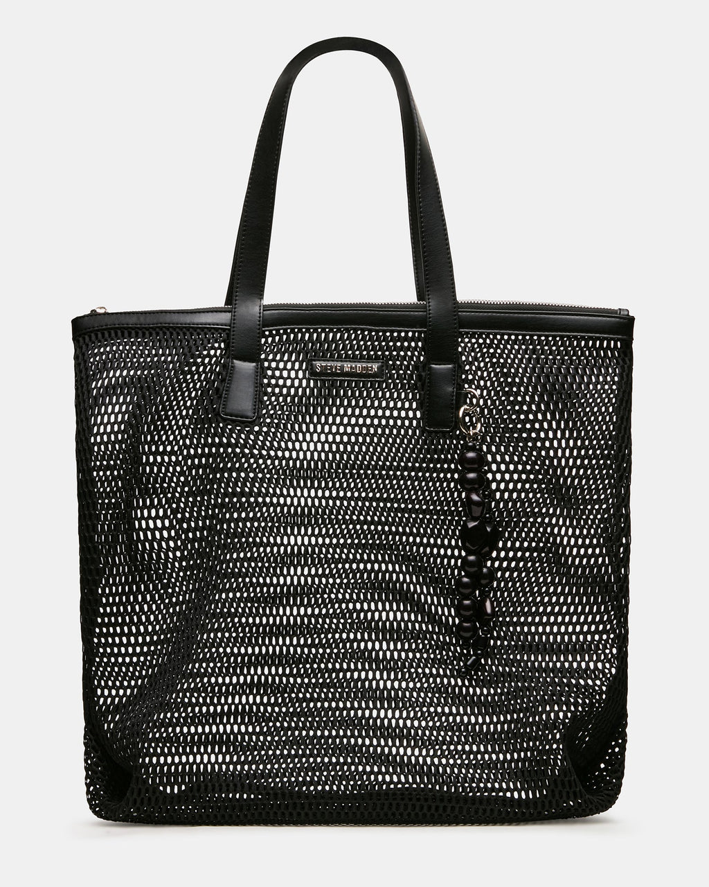MISHA Black Mesh Beaded Bag Charm Tote Handbag | Steve Madden