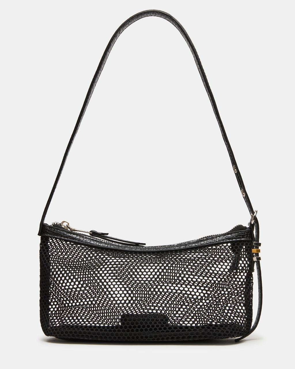 LUCIELL Black Strap Mesh Structured Bottom Shoulder Handbag | Steve Madden