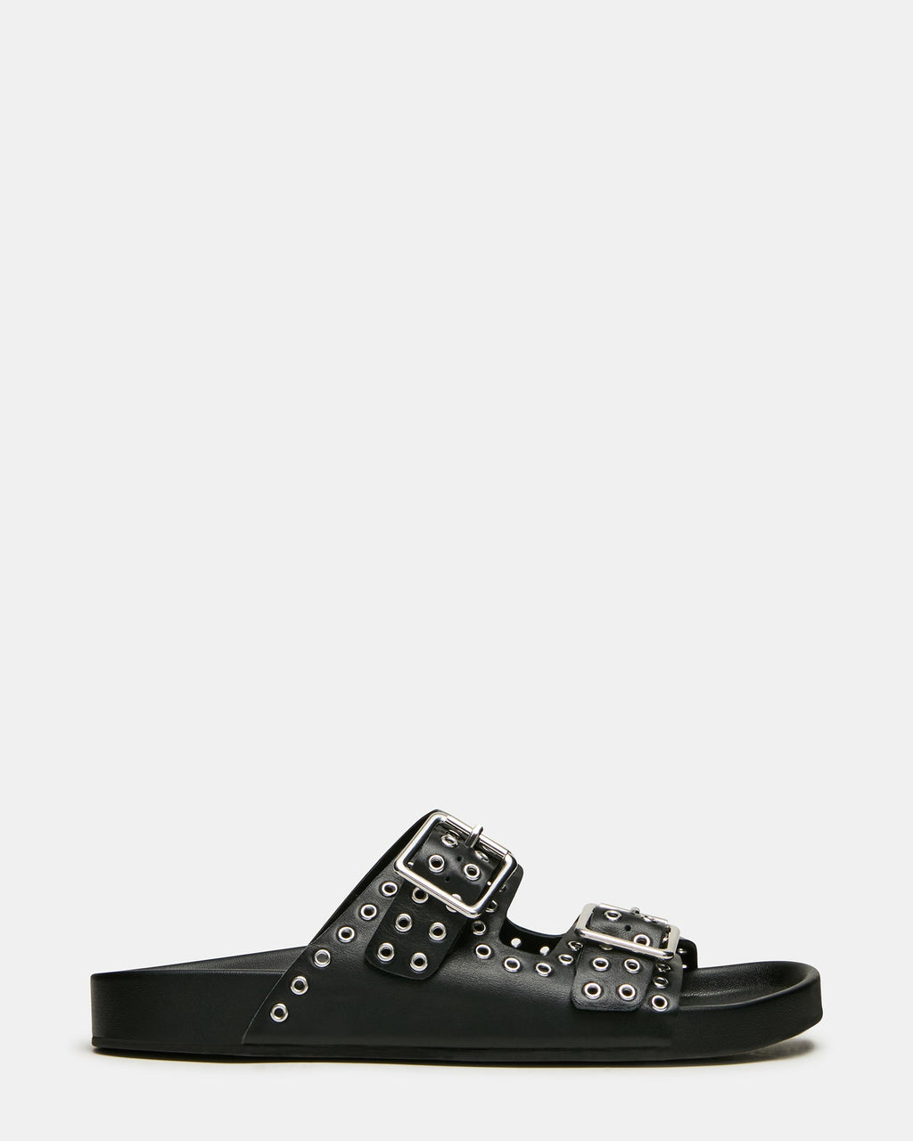 ABOTT Black Leather Grommet Buckles Footbed Slide Women's Sandal | Steve Madden