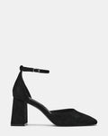 HARTLYN Black Suede Square-Toe Ankle Strap Women's Block Heel | Steve Madden