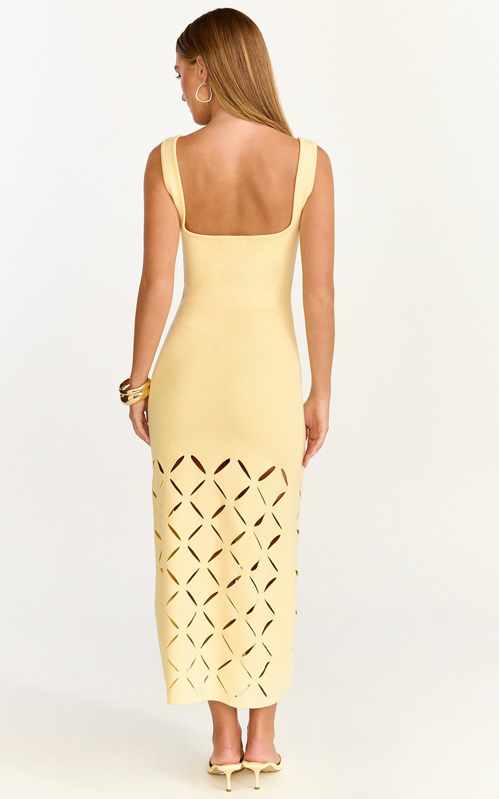 Sabrina Midi Dress - Scoop Neck Laser Cut Dress in Lemon