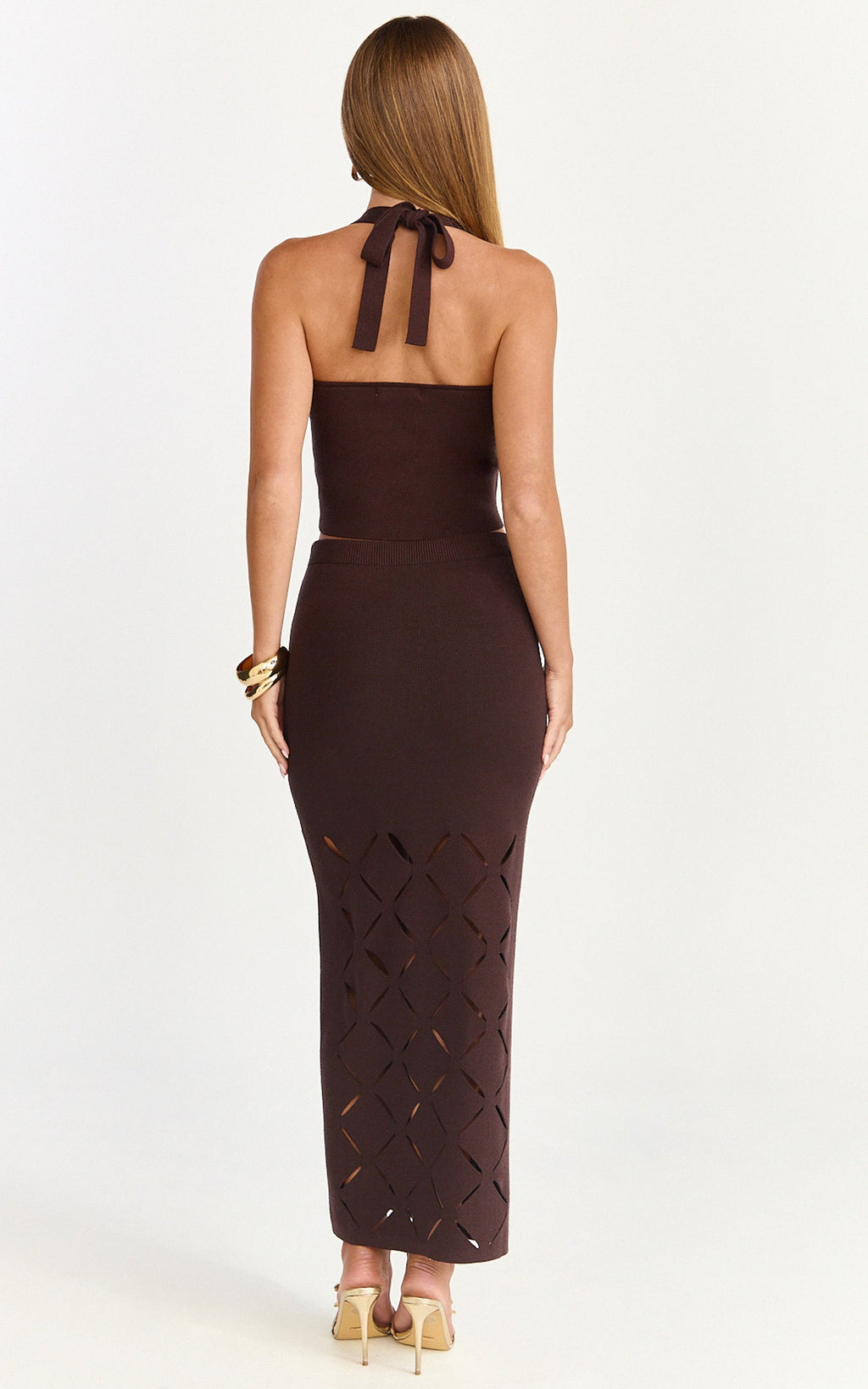 Sabrina Top - Knitted Square Halter Neck Top in Chocolate