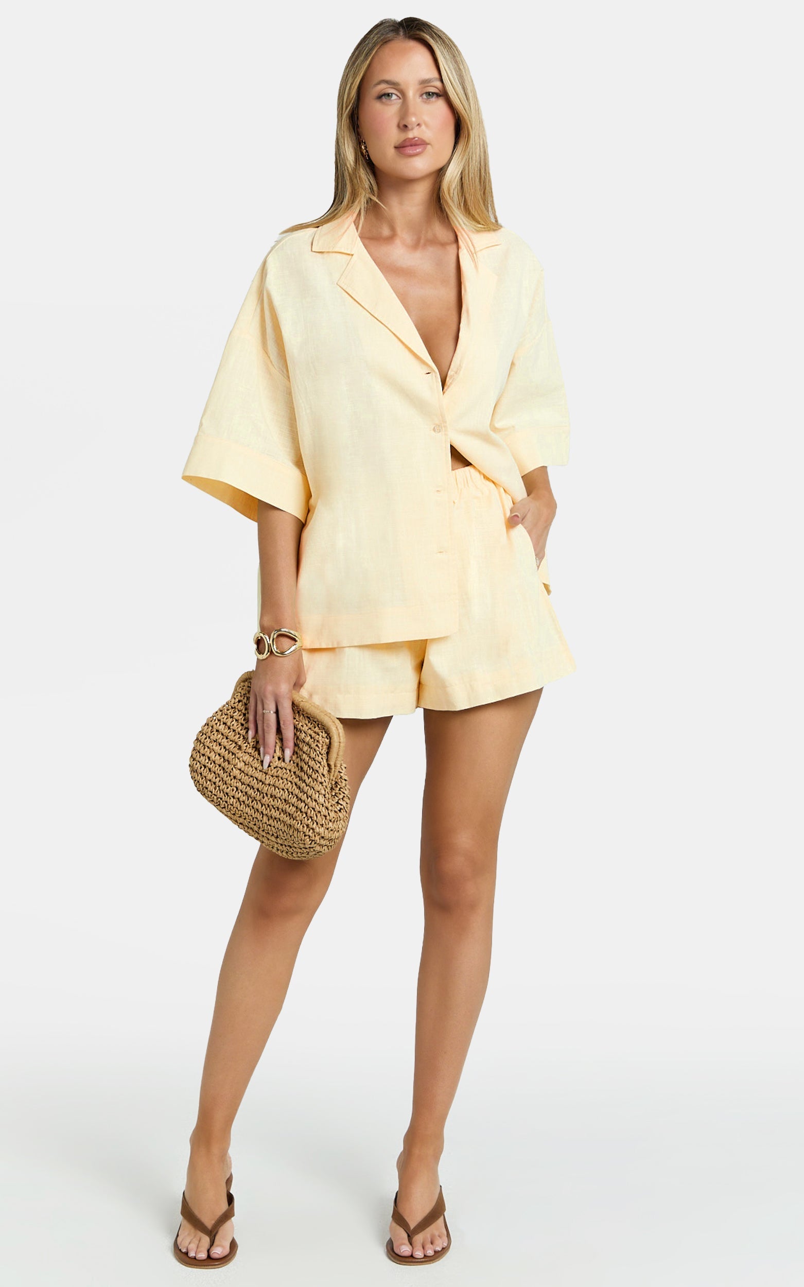 Saina Two Piece Set - Button Through Shirt and Drawstring Shorts Set in Butter Lemon