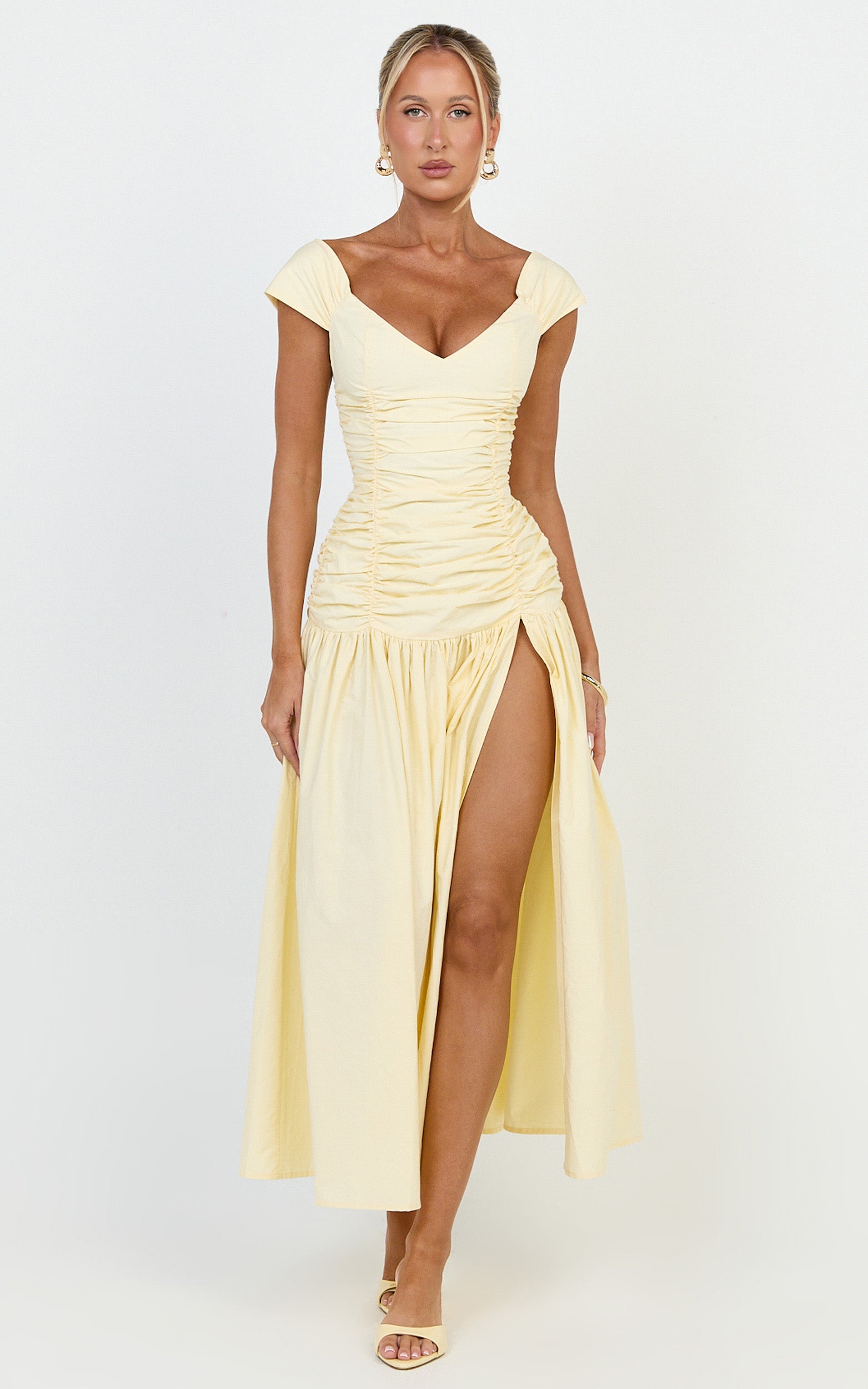 Saphira Midi Dress - Off Shoulder Plunge Frill Hem Dress in Lemon