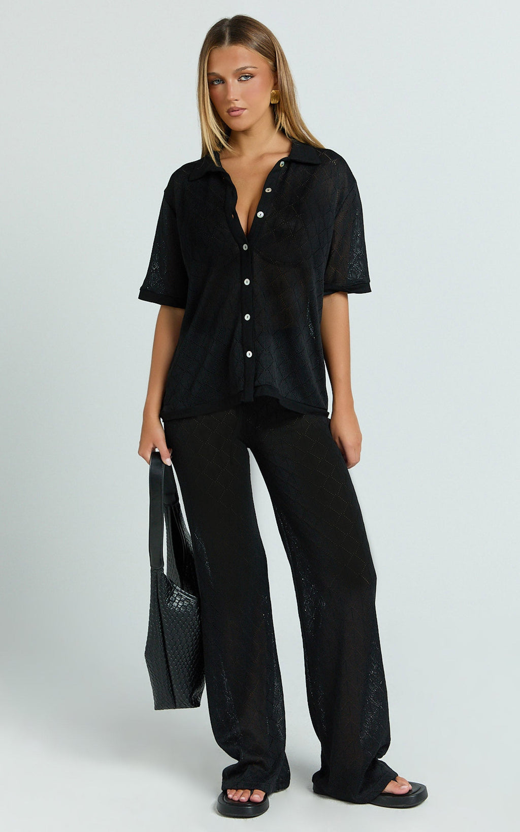 Scarlett Two Piece Top and Pants Set - Knit Button Short Sleeve Shirt and Wide Leg Pant Set in Black