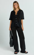 Scarlett Two Piece Top and Pants Set - Knit Button Short Sleeve Shirt and Wide Leg Pant Set in Black