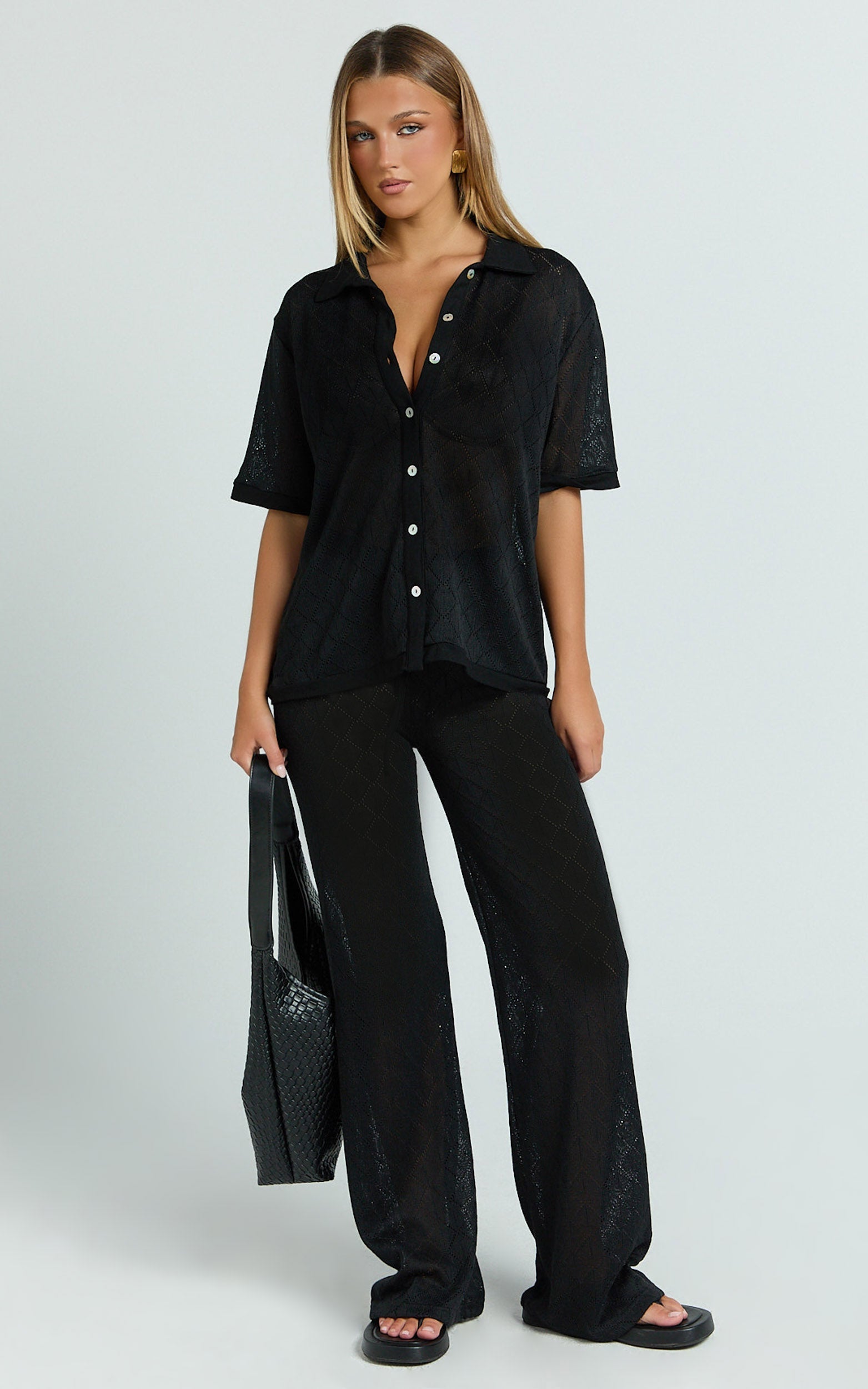 Scarlett Two Piece Top and Pants Set - Knit Button Short Sleeve Shirt and Wide Leg Pant Set in Black