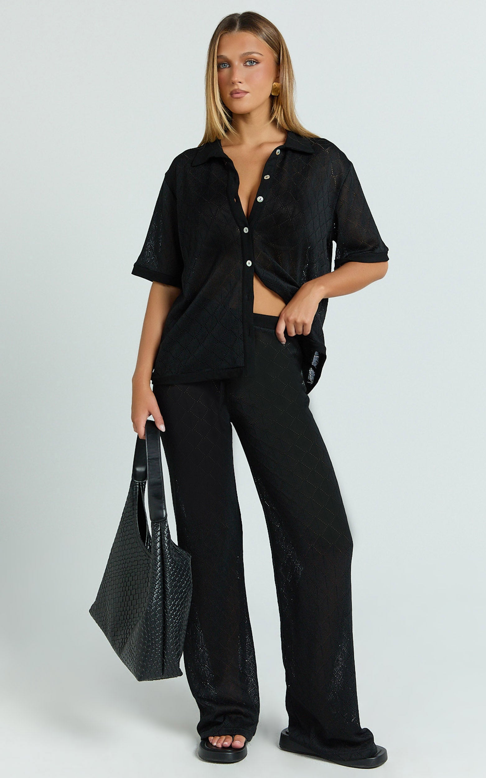 Scarlett Two Piece Top and Pants Set - Knit Button Short Sleeve Shirt and Wide Leg Pant Set in Black