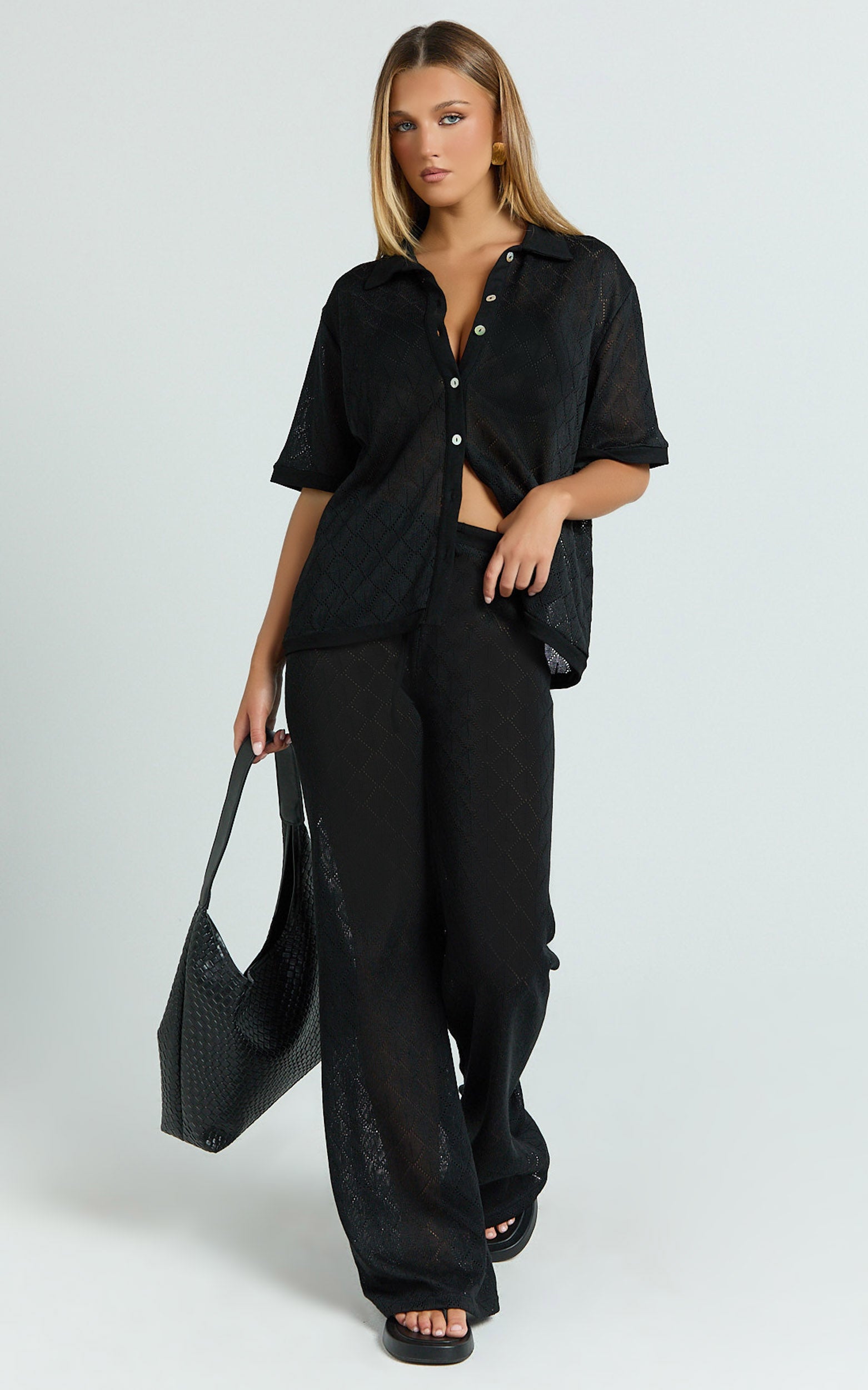 Scarlett Two Piece Top and Pants Set - Knit Button Short Sleeve Shirt and Wide Leg Pant Set in Black