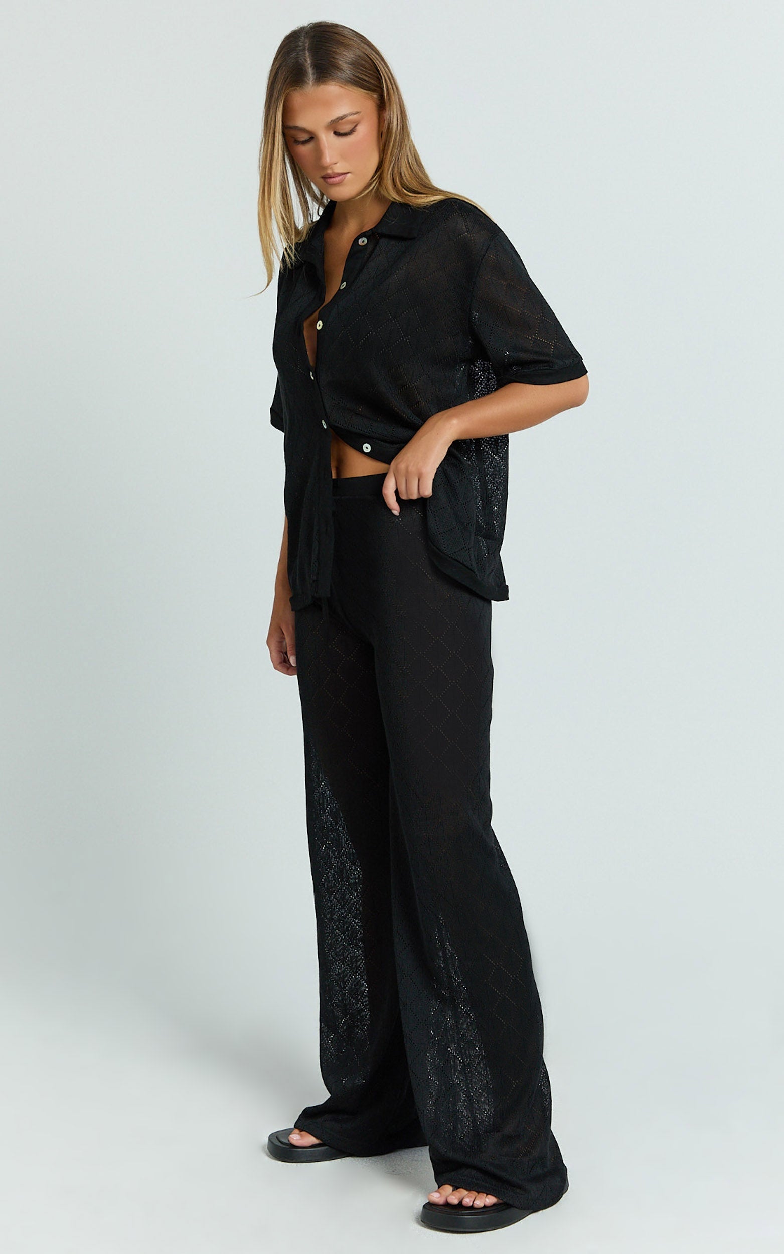 Scarlett Two Piece Top and Pants Set - Knit Button Short Sleeve Shirt and Wide Leg Pant Set in Black