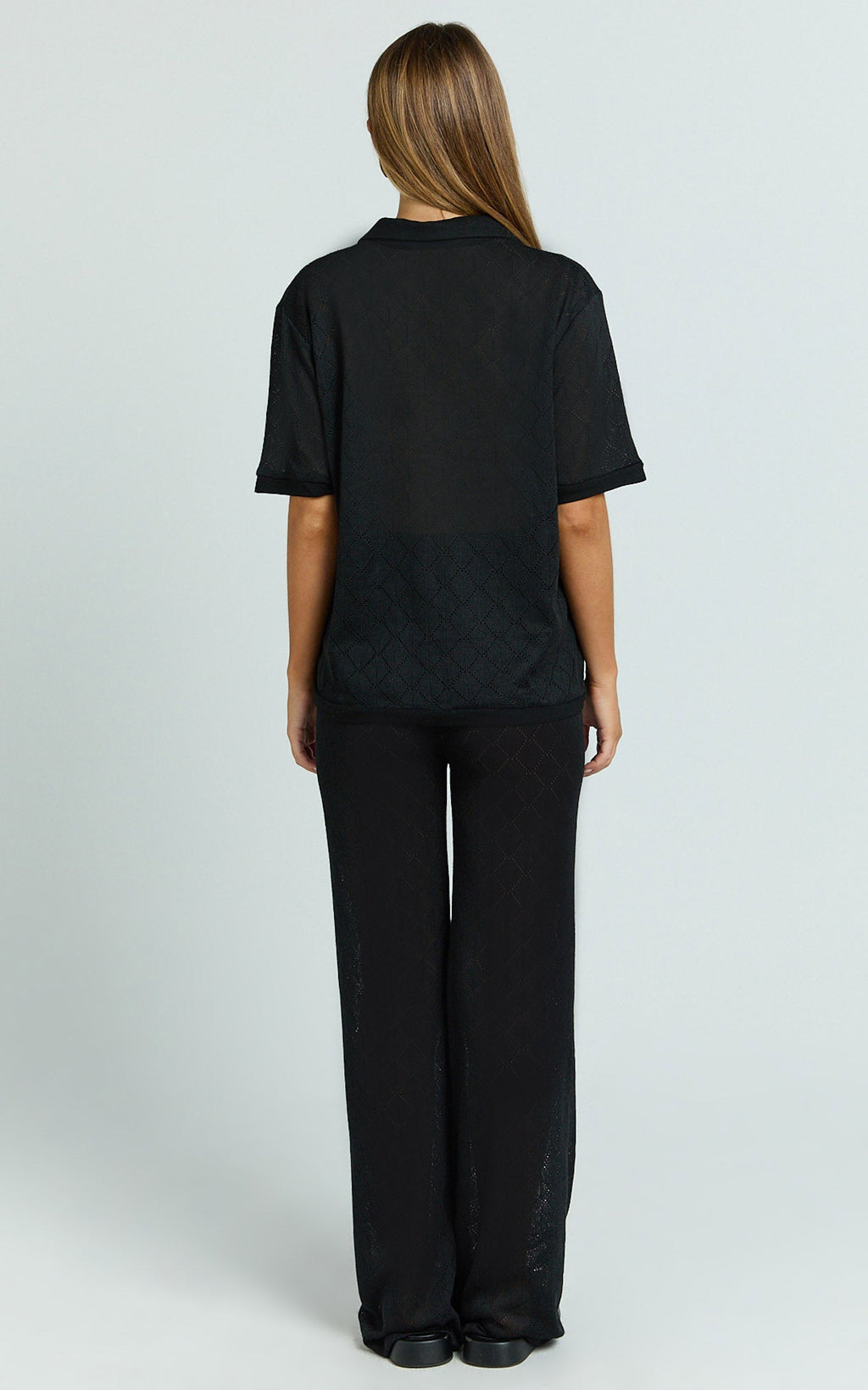 Scarlett Two Piece Top and Pants Set - Knit Button Short Sleeve Shirt and Wide Leg Pant Set in Black
