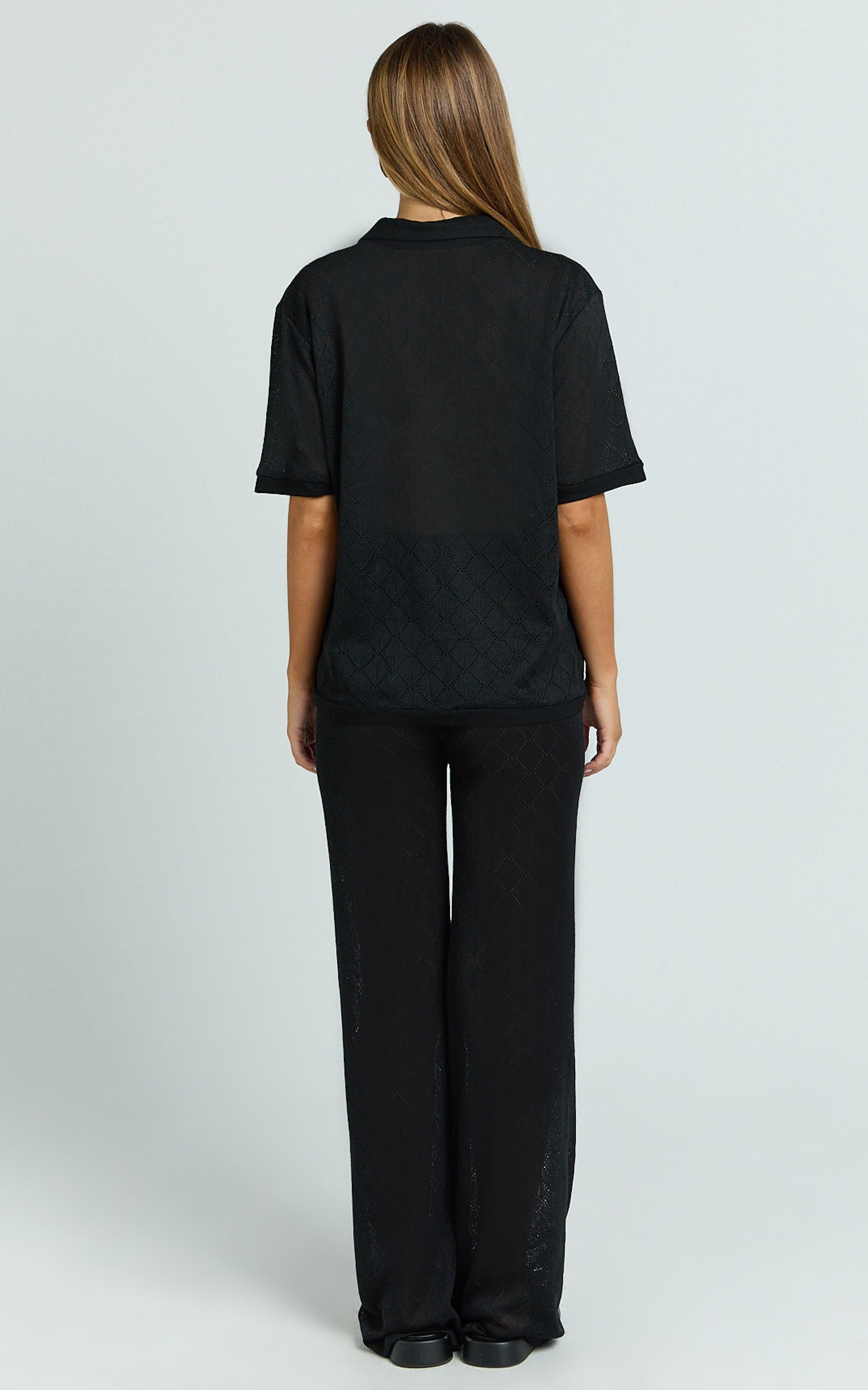 Scarlett Two Piece Top and Pants Set - Knit Button Short Sleeve Shirt and Wide Leg Pant Set in Black