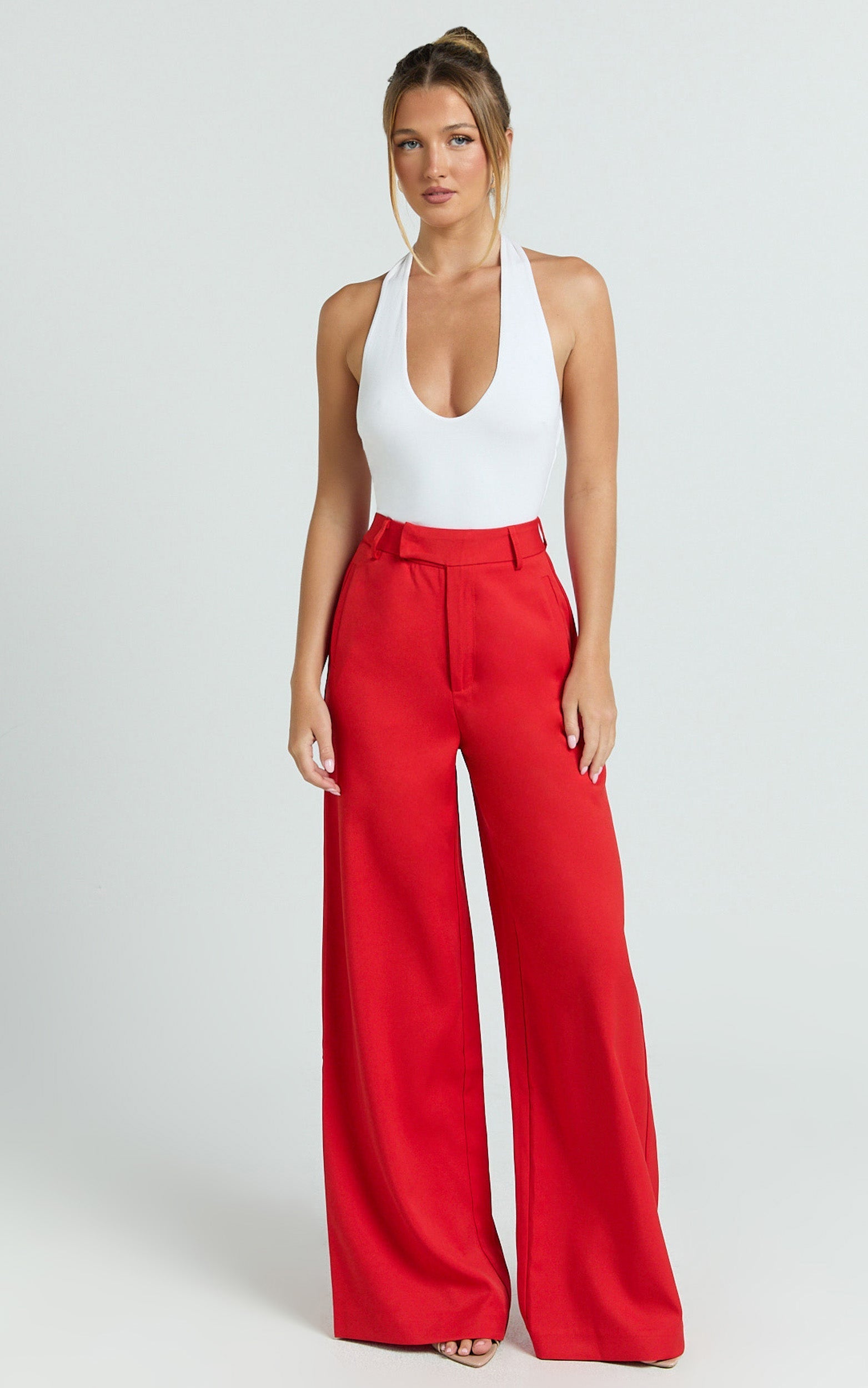 Selena Pants - High Waisted Wide Leg Tailored Pants in Red