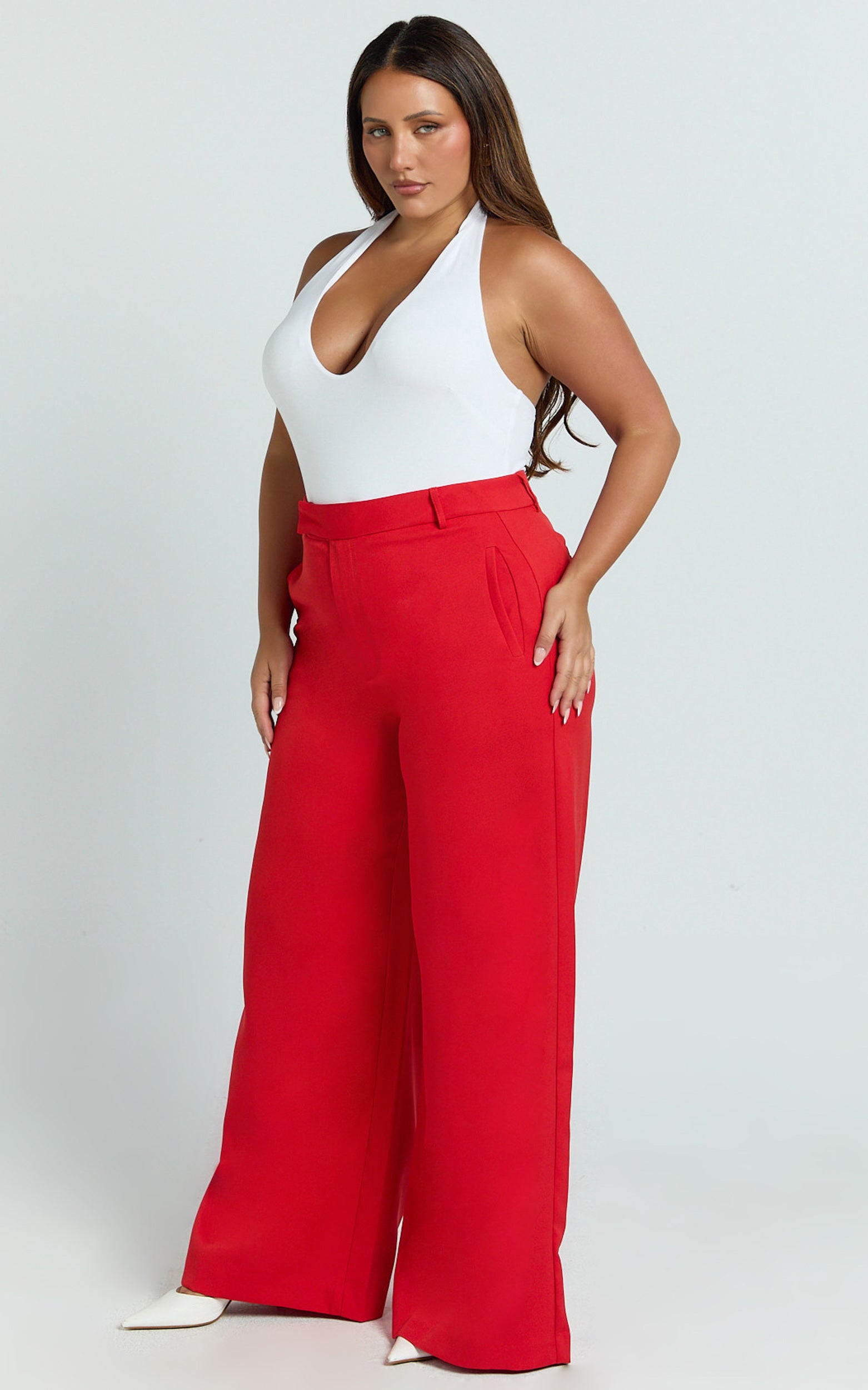 Selena Pants - High Waisted Wide Leg Tailored Pants in Red