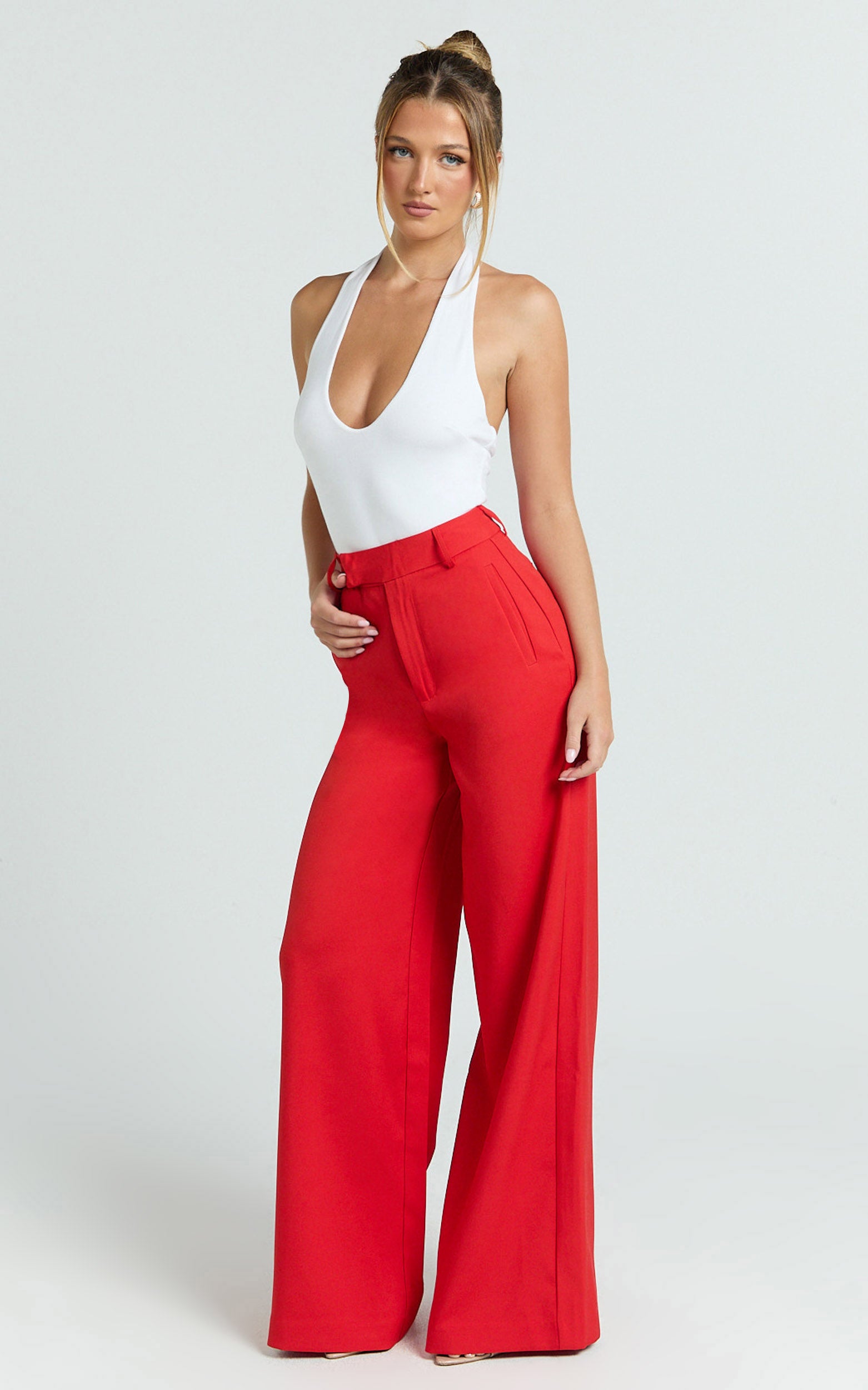 Selena Pants - High Waisted Wide Leg Tailored Pants in Red