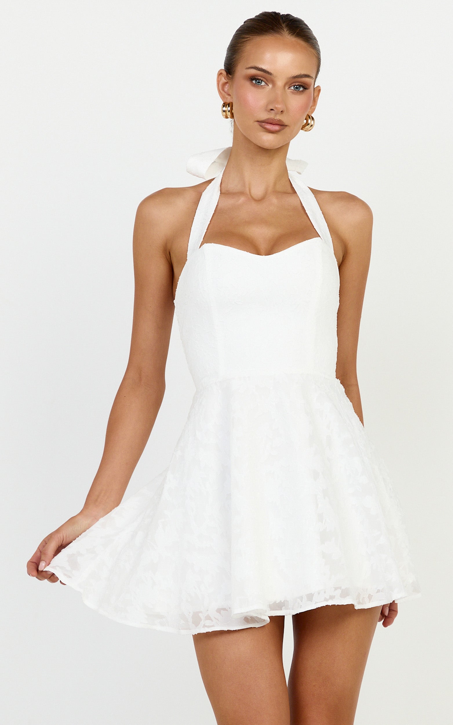 Seraphina Mini Dress - Halter Neck Clipped Jacquard Dress in White