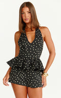 Seraphina Top - Polka Dot V Neck Peplum Top in Black Polka Dot Print