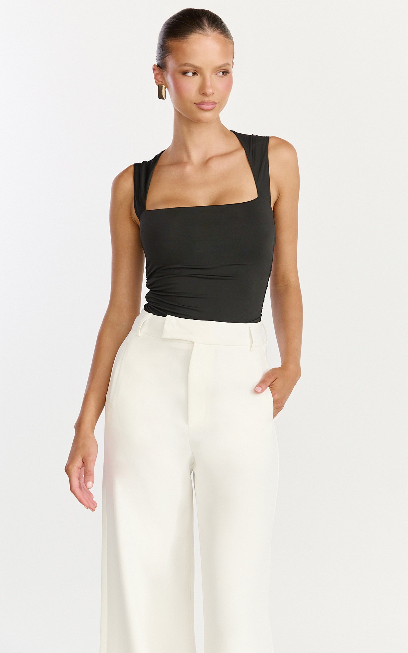 Seraphina Top - Square Neck Gathered Waist Top in Black