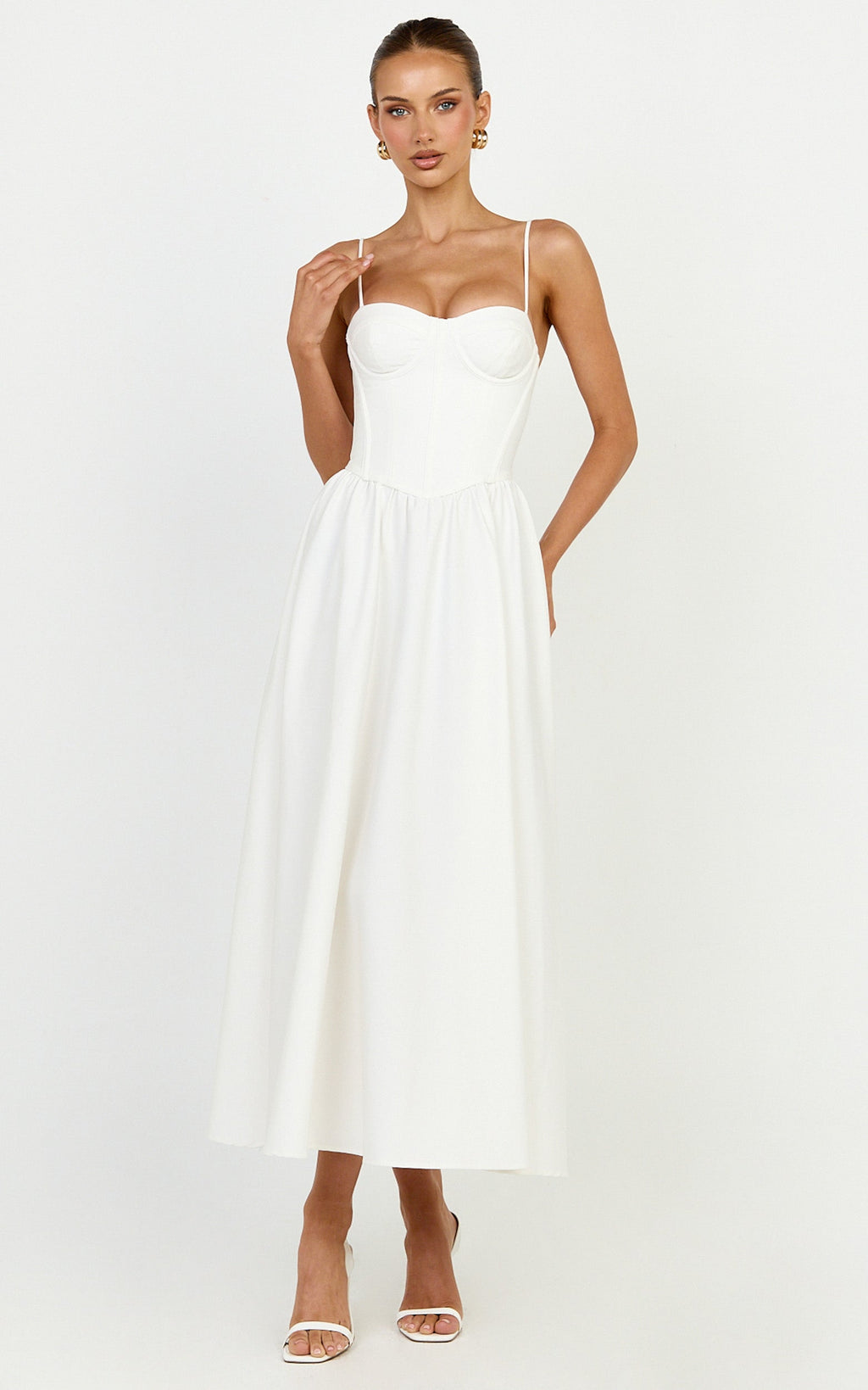 Seren Midi Dress - Corset Bodice Fit And Flare Dress in White
