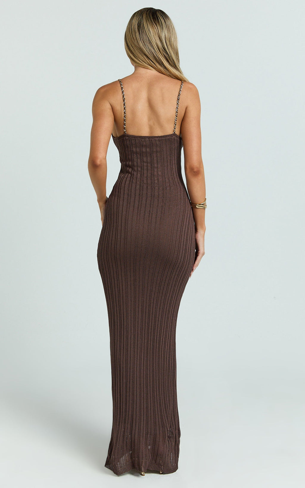 Shailene Maxi Dress - Chain Strap Scoop Neck Knitted Maxi Dress in Chocolate