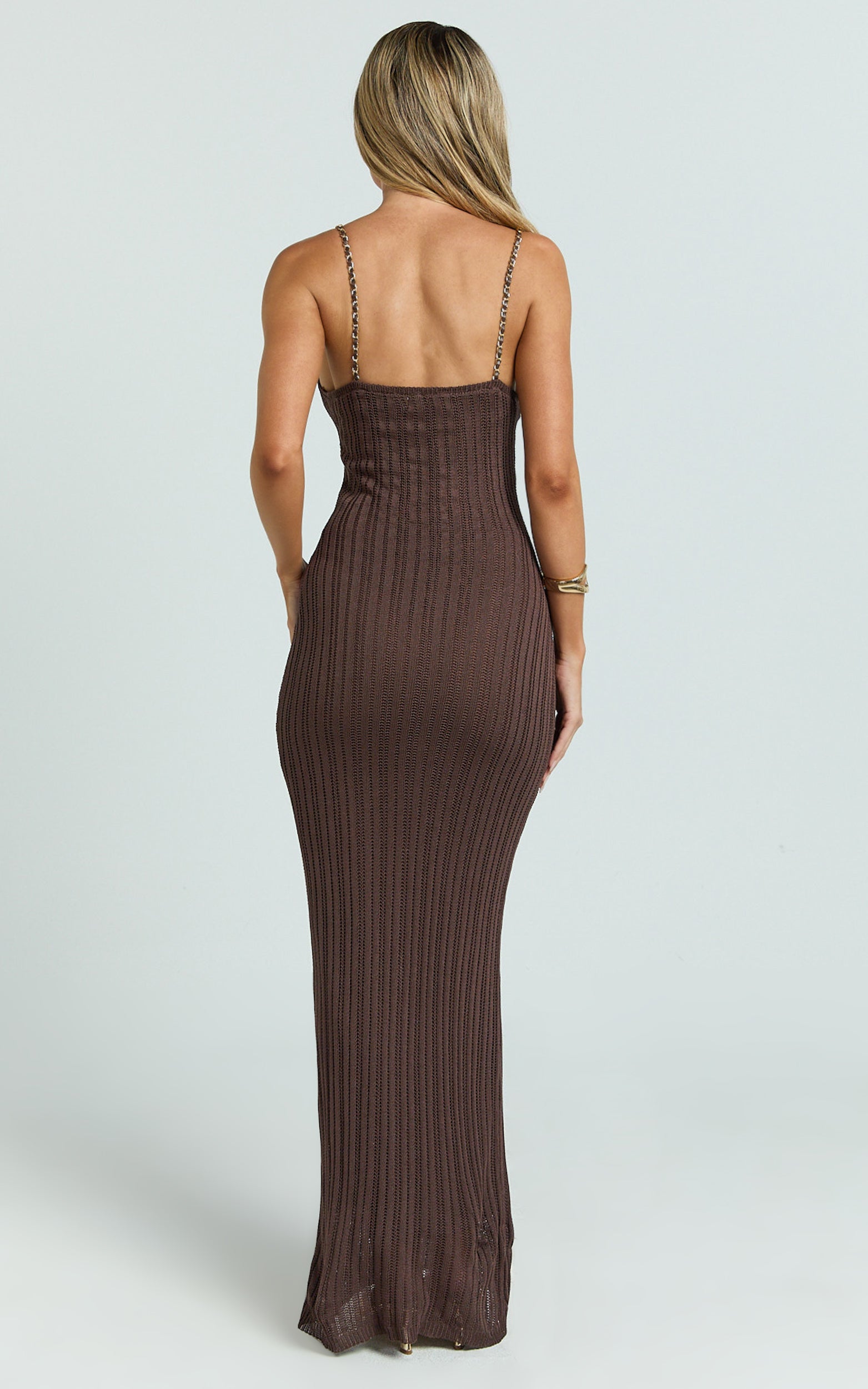 Shailene Maxi Dress - Chain Strap Scoop Neck Knitted Maxi Dress in Chocolate