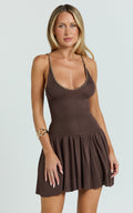 Shailene Mini Dress  - Chain Strap V Neck Knitted Dress in Chocolate