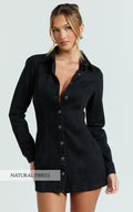 Shawn Mini Dress - Long Sleeve Button Down Denim Shirt Dress in Black