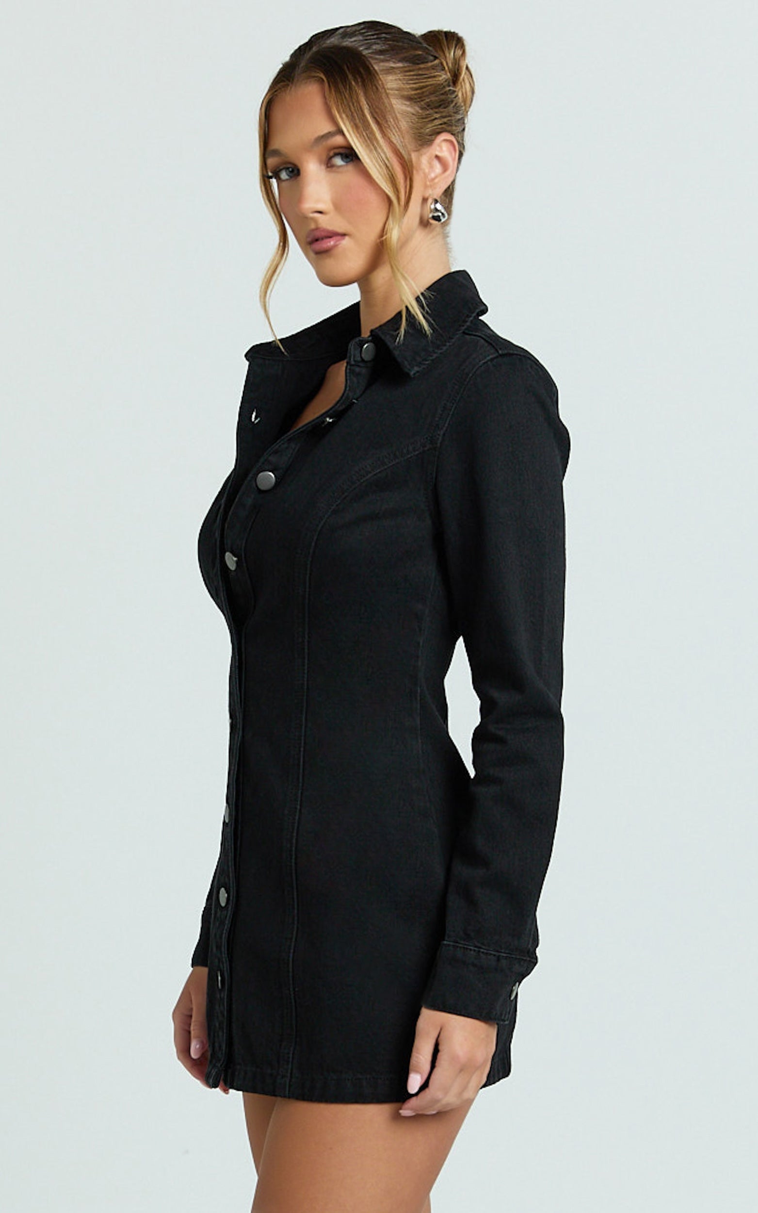 Shawn Mini Dress - Long Sleeve Button Down Denim Shirt Dress in Black