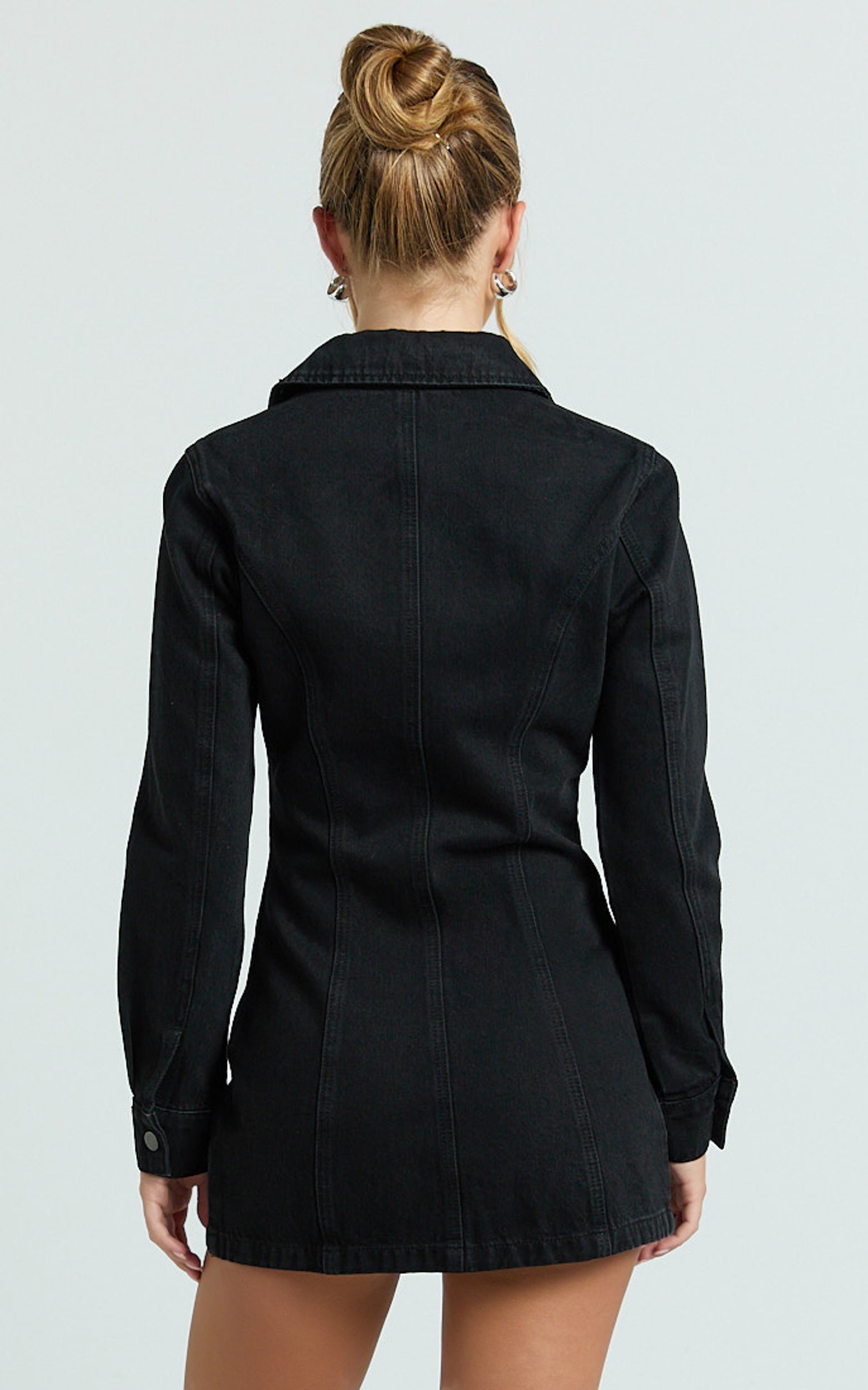 Shawn Mini Dress - Long Sleeve Button Down Denim Shirt Dress in Black