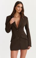 Shelley Mini Dress - Collared Double Breasted Blazer Dress in Dark Chocolate
