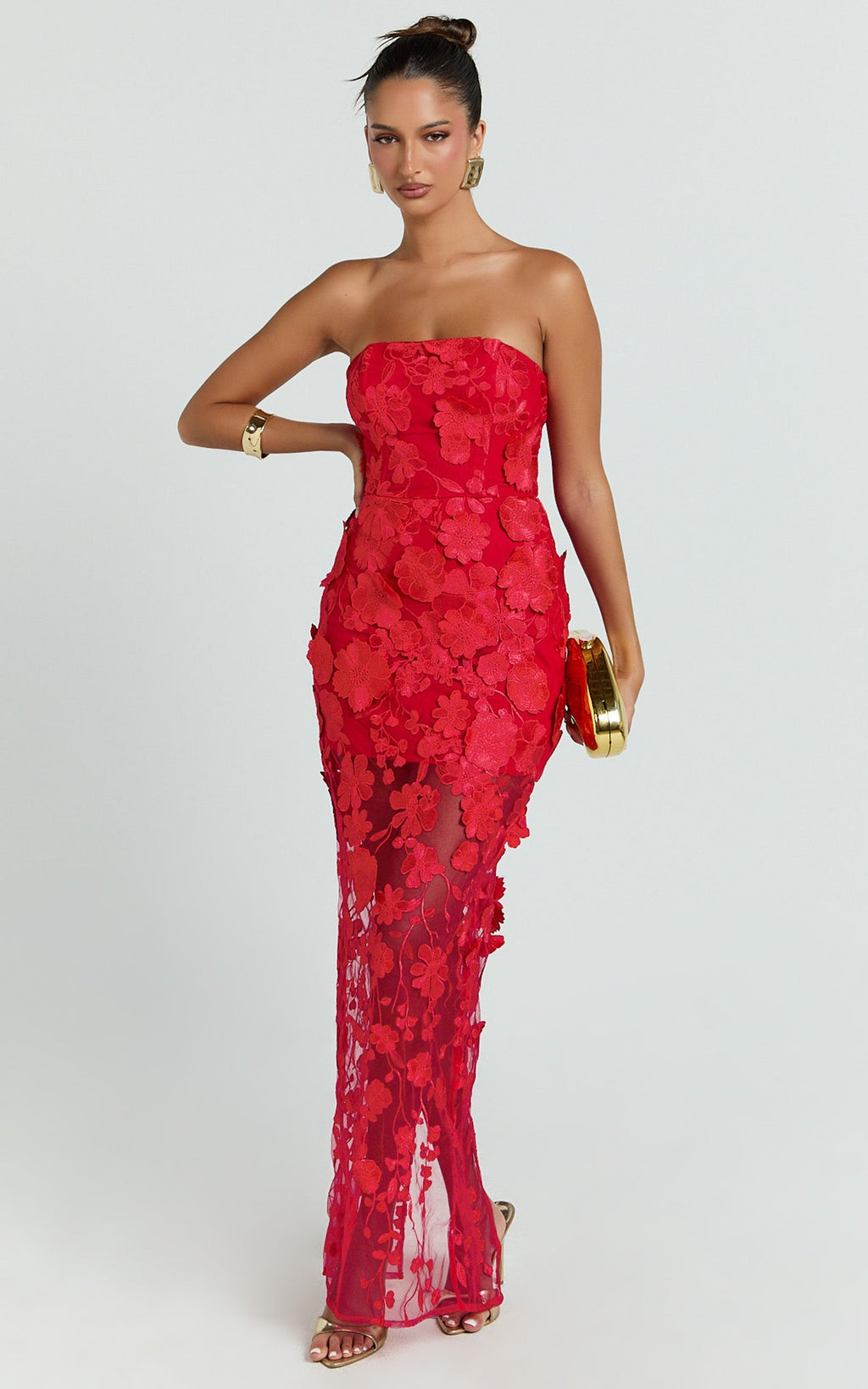 Sienna Maxi Dress - 3D Floral Strapless Column Dress in Red