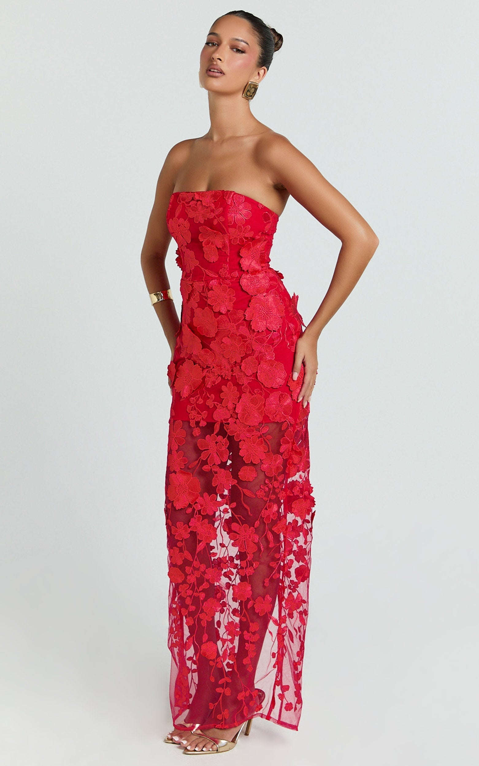 Sienna Maxi Dress - 3D Floral Strapless Column Dress in Red