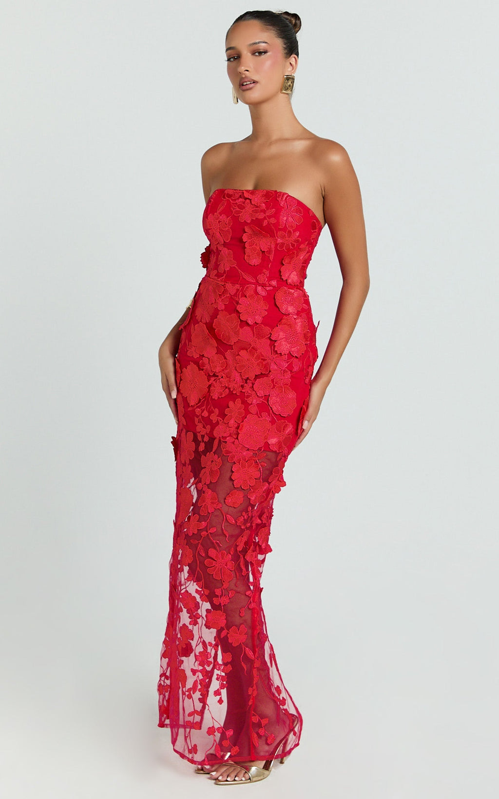 Sienna Maxi Dress - 3D Floral Strapless Column Dress in Red