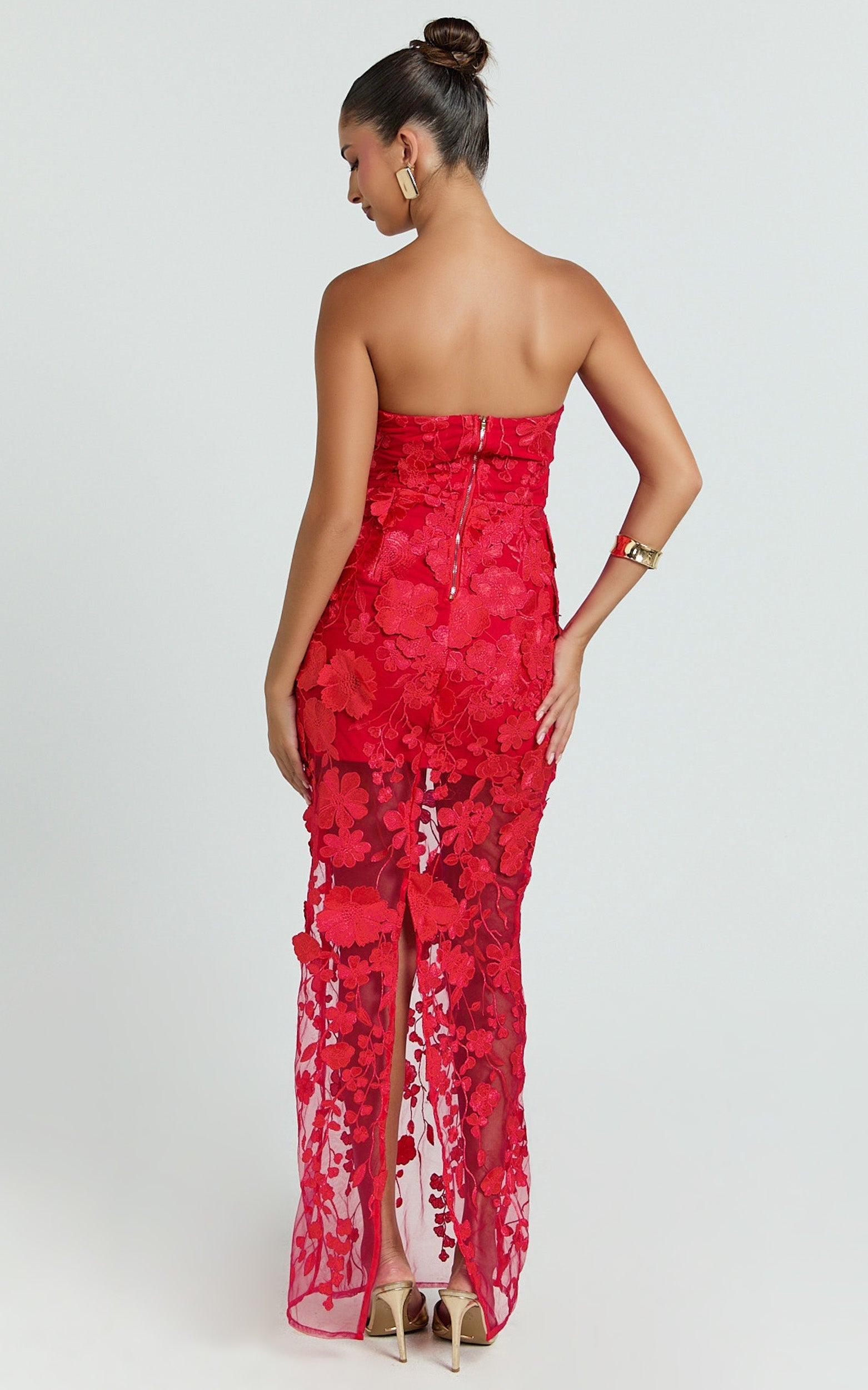 Sienna Maxi Dress - 3D Floral Strapless Column Dress in Red