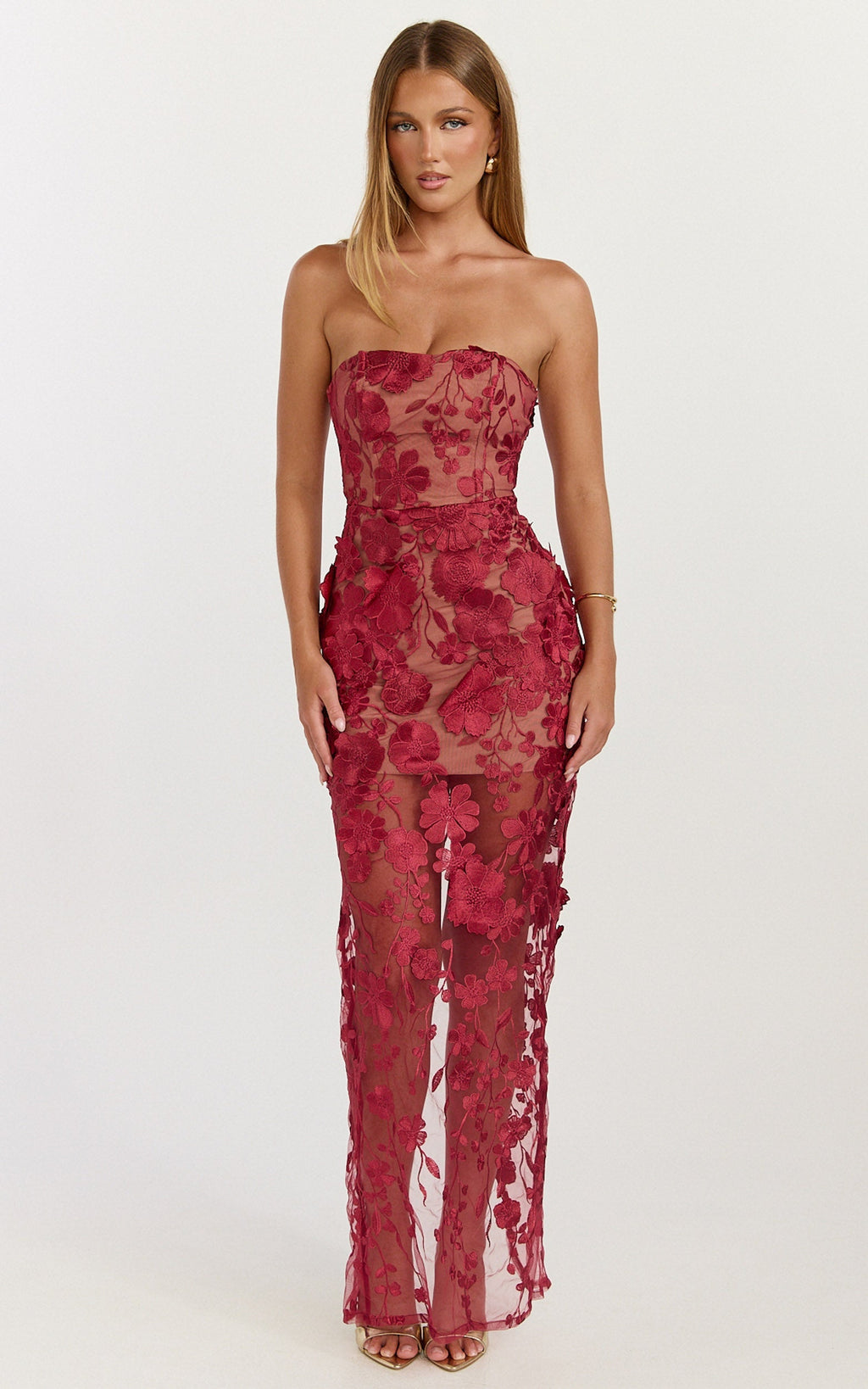 Sienna Maxi Dress - 3D Floral Strapless Column Dress in Wine