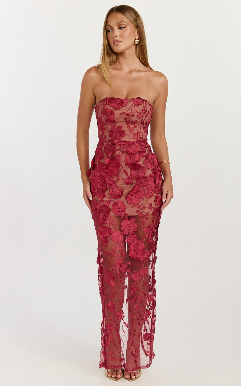 Sienna Maxi Dress - 3D Floral Strapless Column Dress in Wine