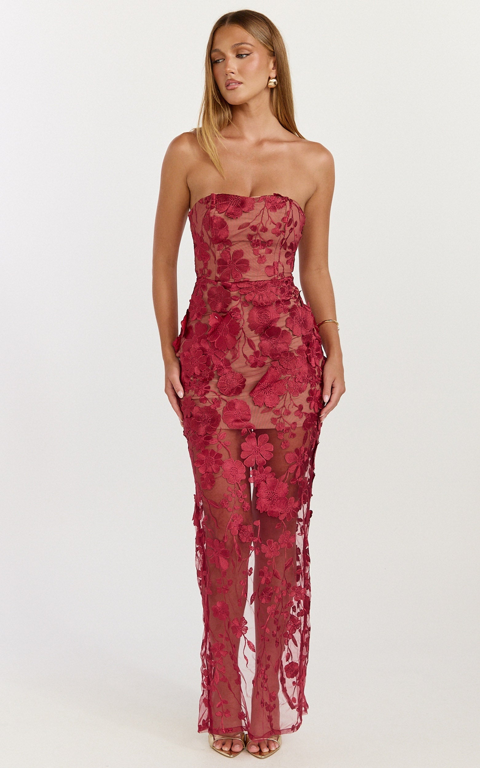 Sienna Maxi Dress - 3D Floral Strapless Column Dress in Wine