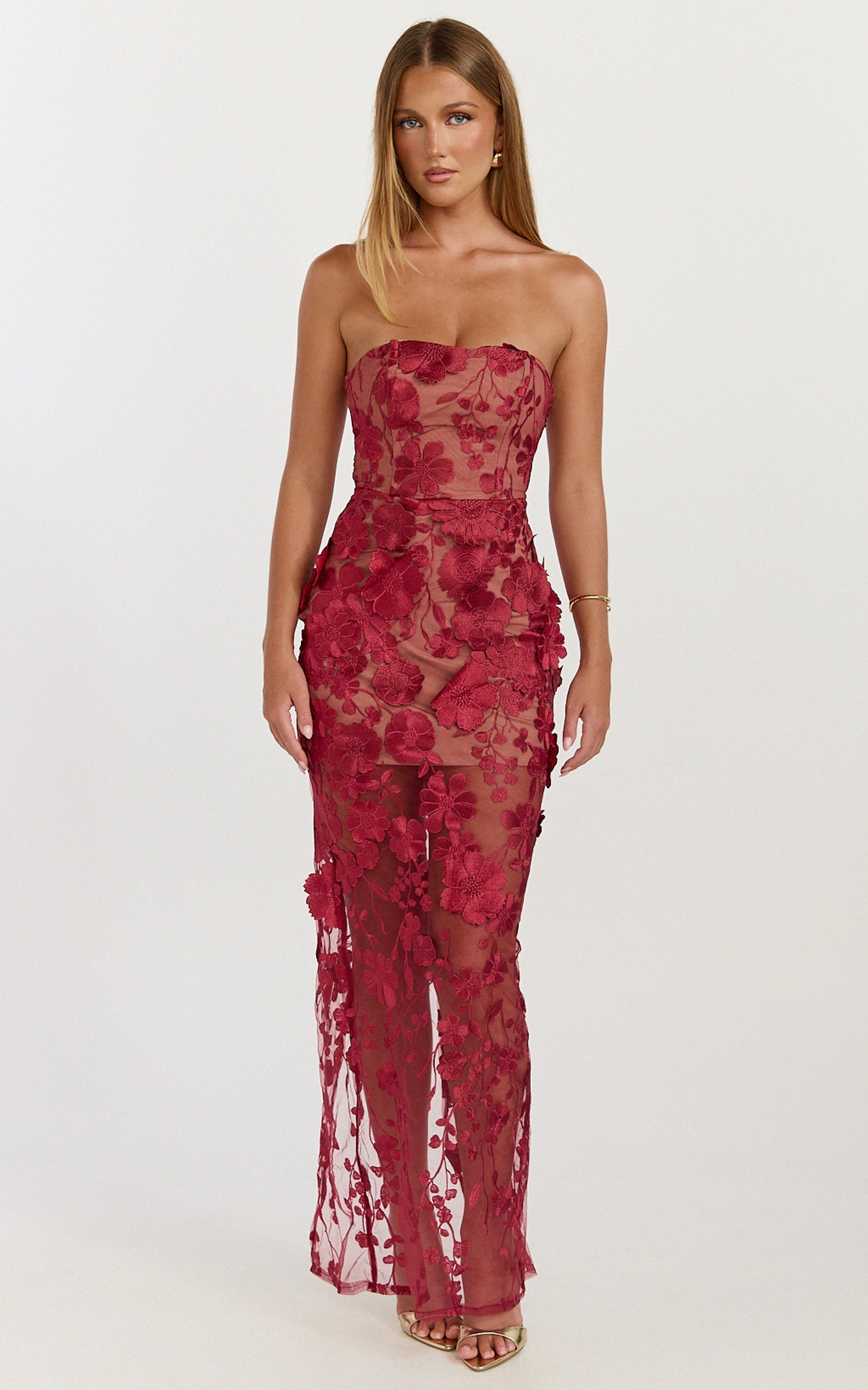 Sienna Maxi Dress - 3D Floral Strapless Column Dress in Wine