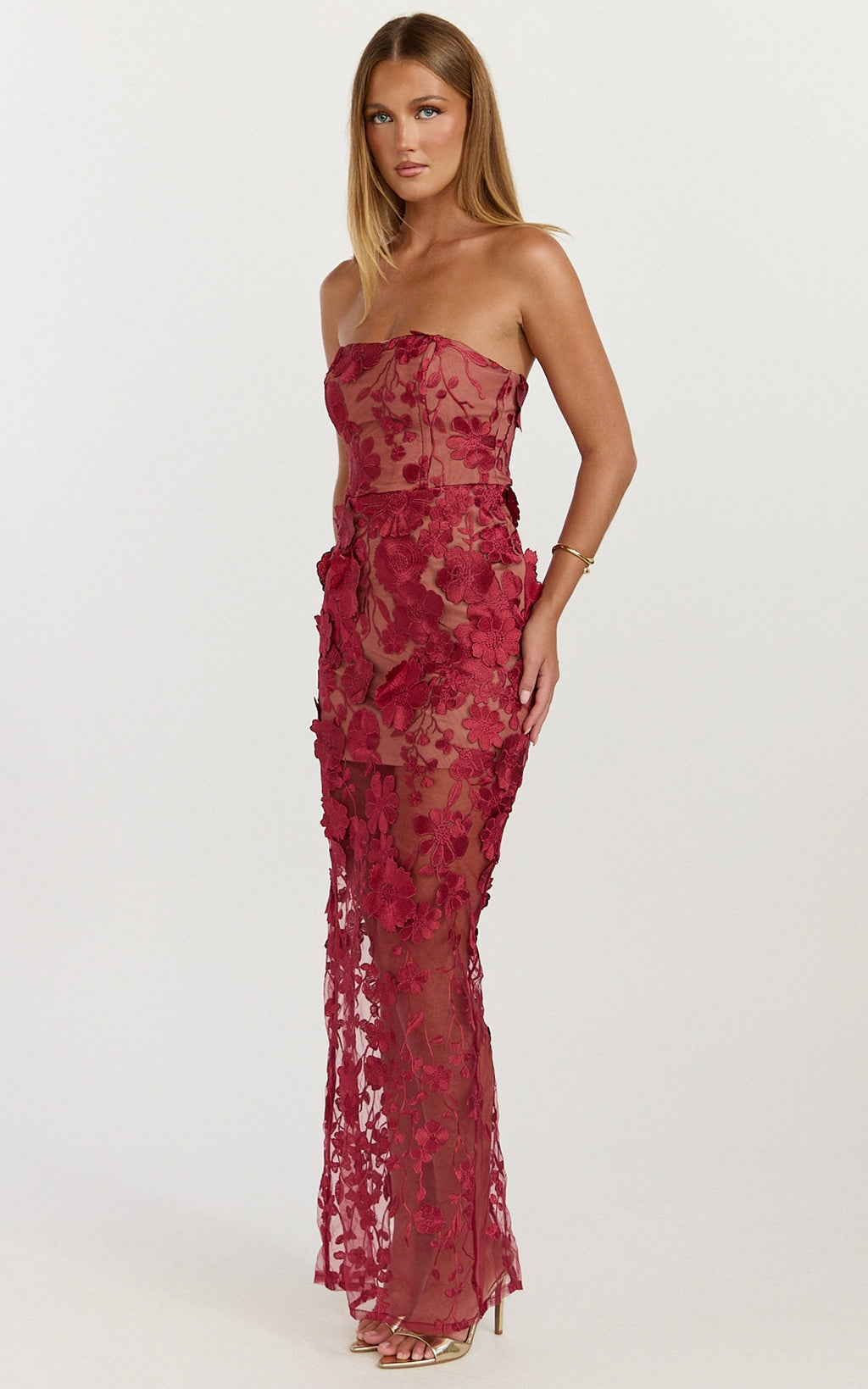 Sienna Maxi Dress - 3D Floral Strapless Column Dress in Wine