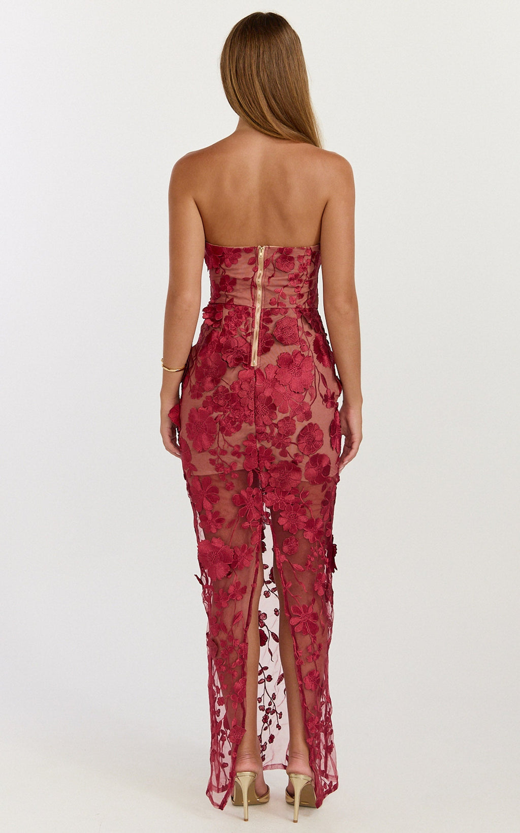 Sienna Maxi Dress - 3D Floral Strapless Column Dress in Wine