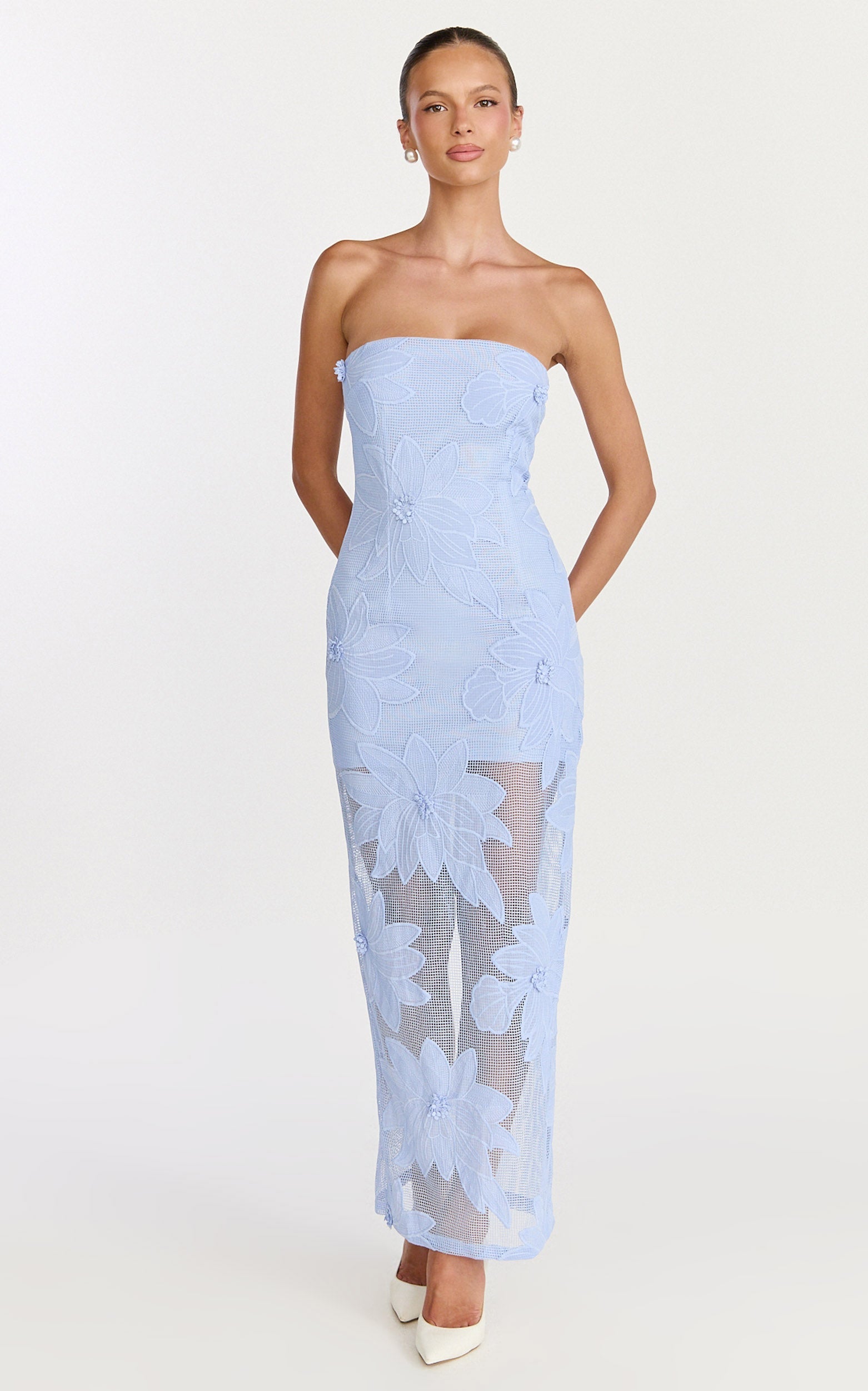 Sienna Midi Dress - Strapless Floral Embroidered Bodycon Dress in Blue