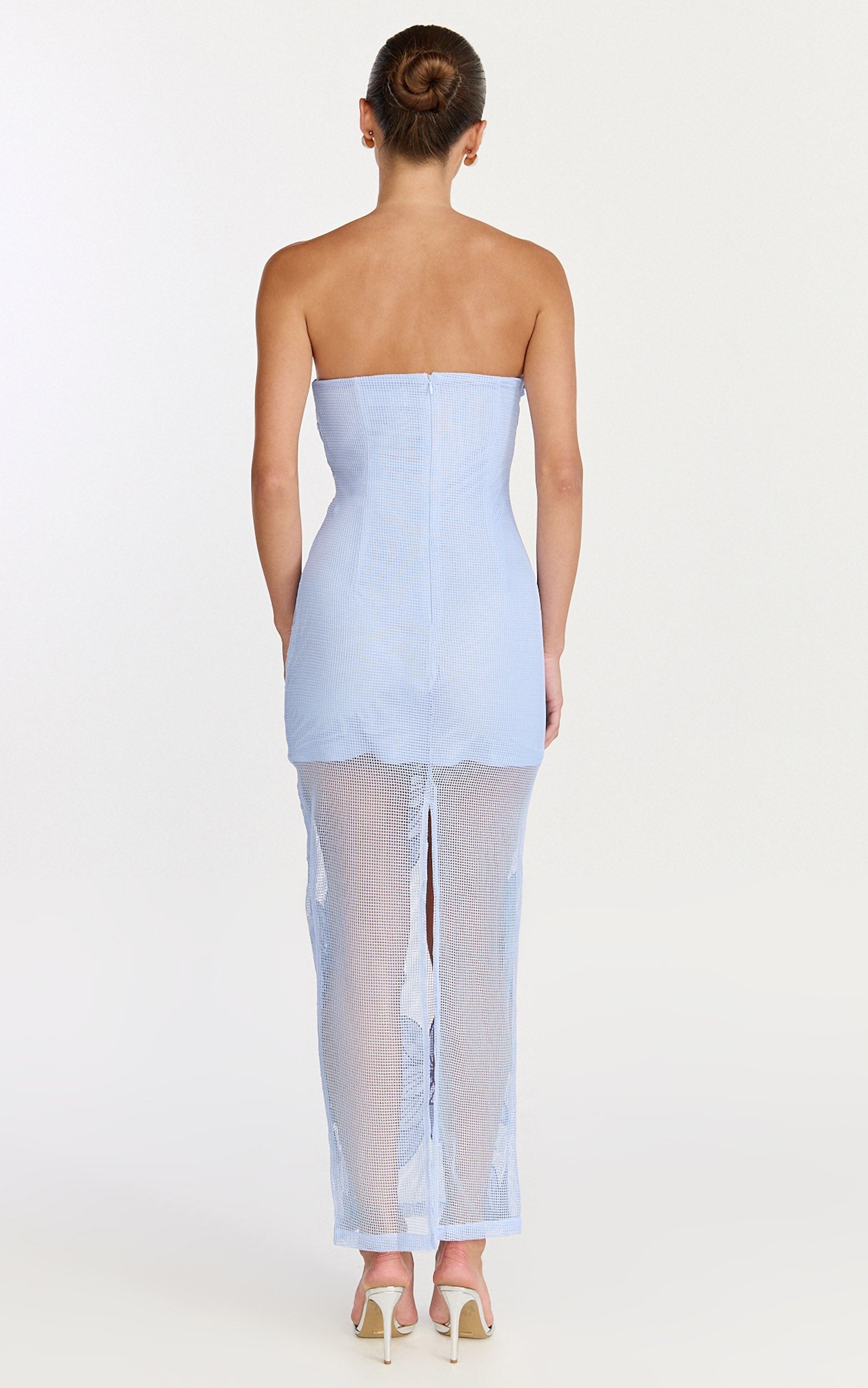 Sienna Midi Dress - Strapless Floral Embroidered Bodycon Dress in Blue
