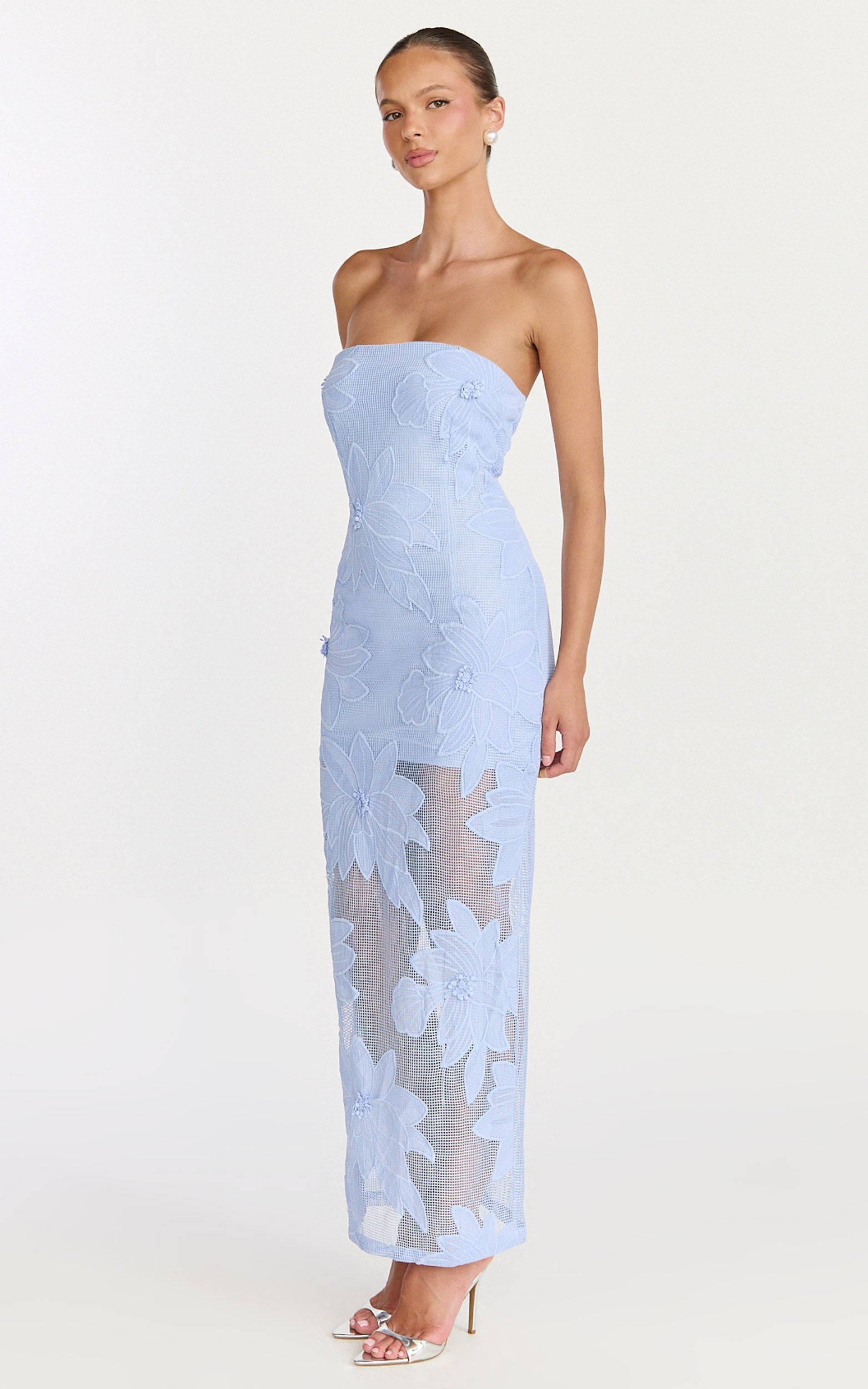 Sienna Midi Dress - Strapless Floral Embroidered Bodycon Dress in Blue
